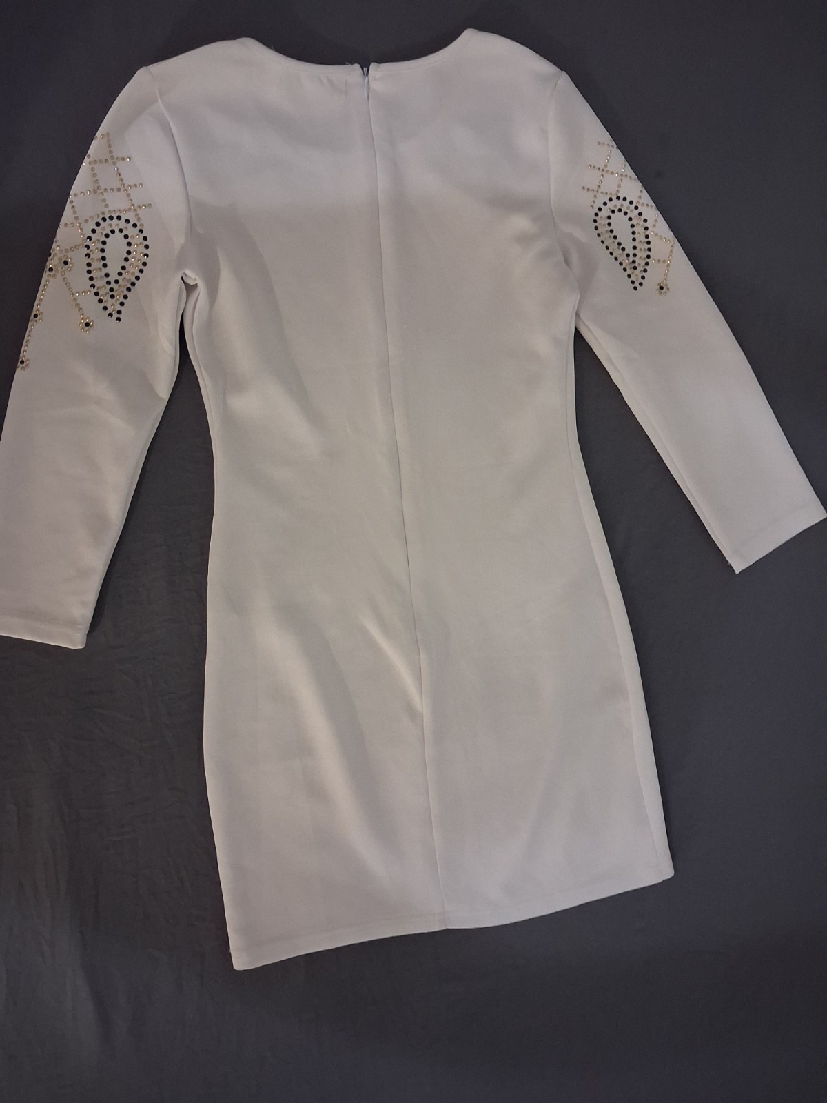 Oxford Circus White Studded Rhinestone Mini Dress Round Neck Long Sleeve Zip S