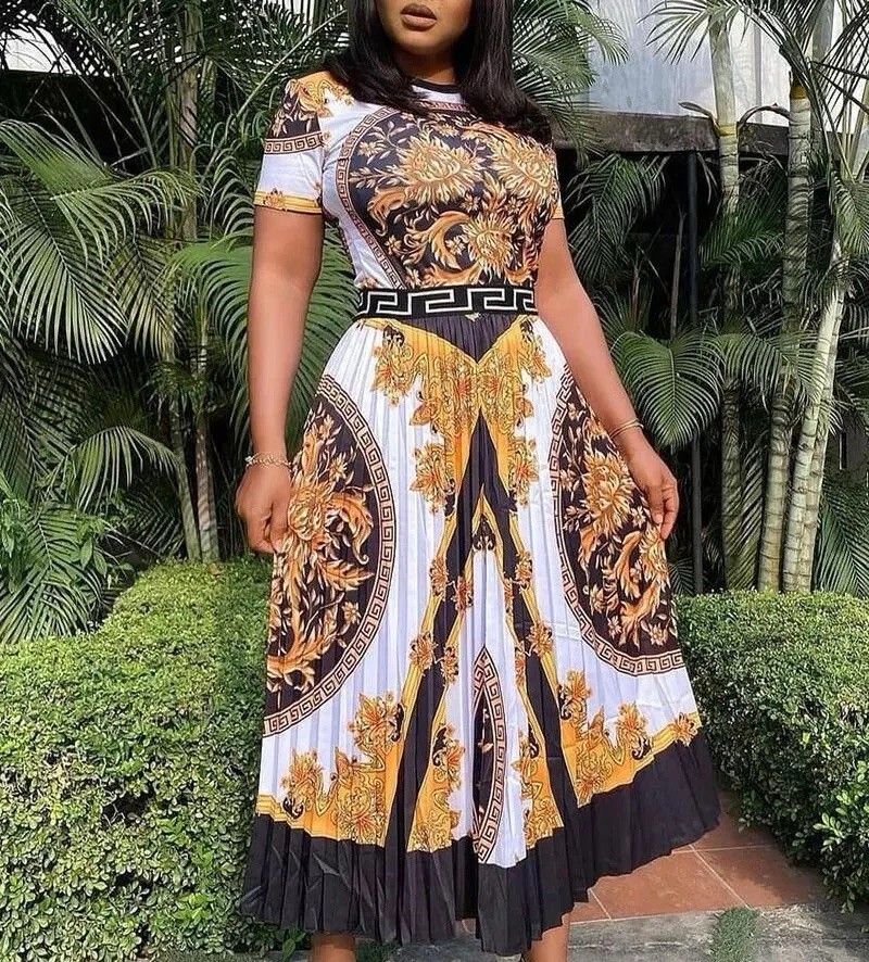 Print Mid-Calf Short Sleeve High Waist Women’s Maxi Dress Size L