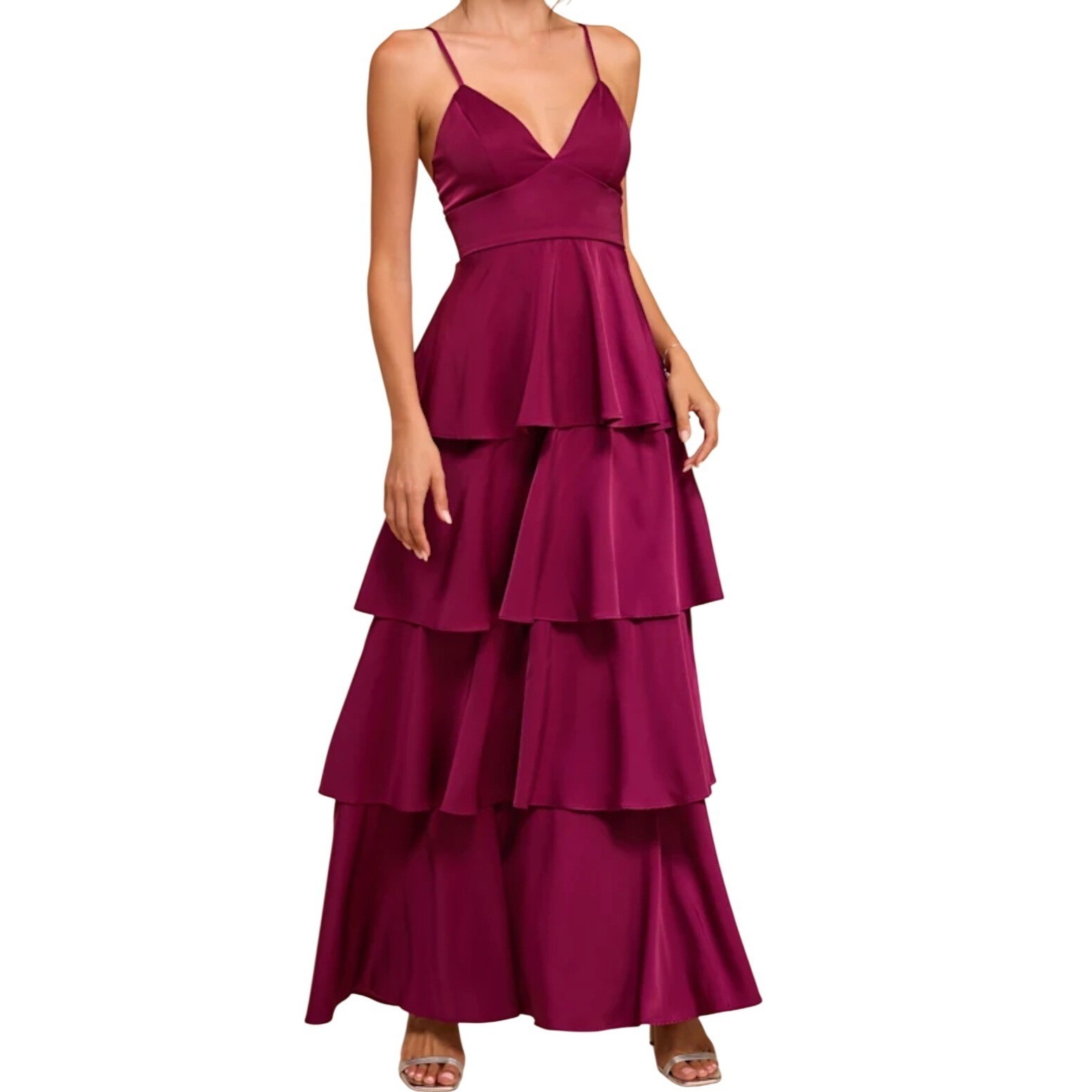 NWT Lulus Going with Elegance Plum Purple Satin Tiered Gown Maxi Dress S Ruffled