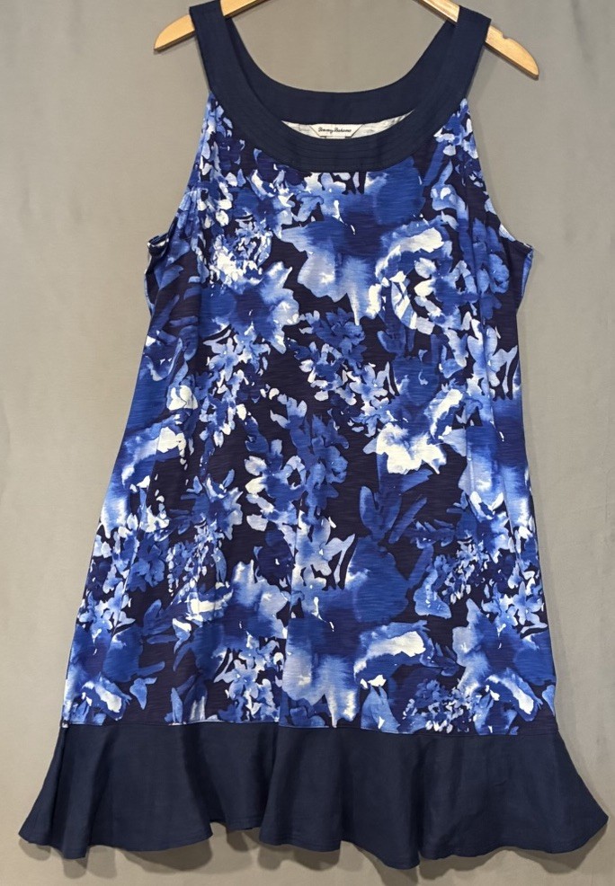 Tommy Bahama Women’s Dress L Navy Tropical Floral Sleeveless Ruffle Hem Beach