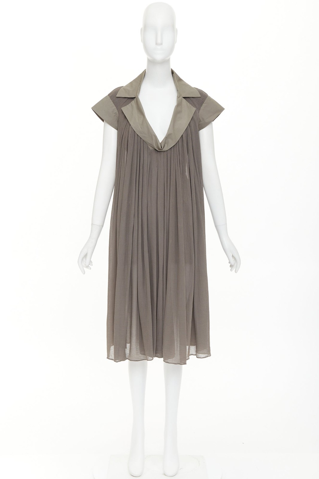 BOTTEGA VENETA grey cotton chiffon pleated plunge spread collar dress IT40 S