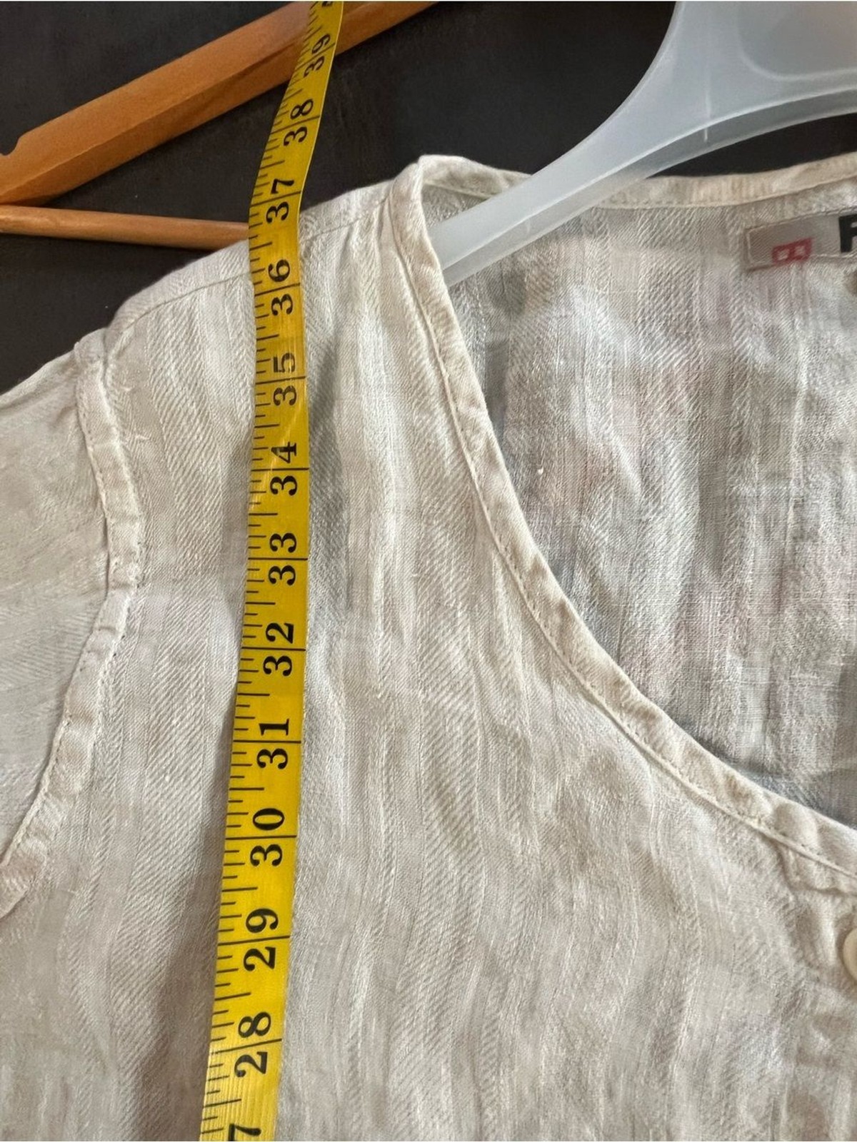Flax Linen Button-Front Long Roll Top Sleeves Dress Coastal Beige Oversized M