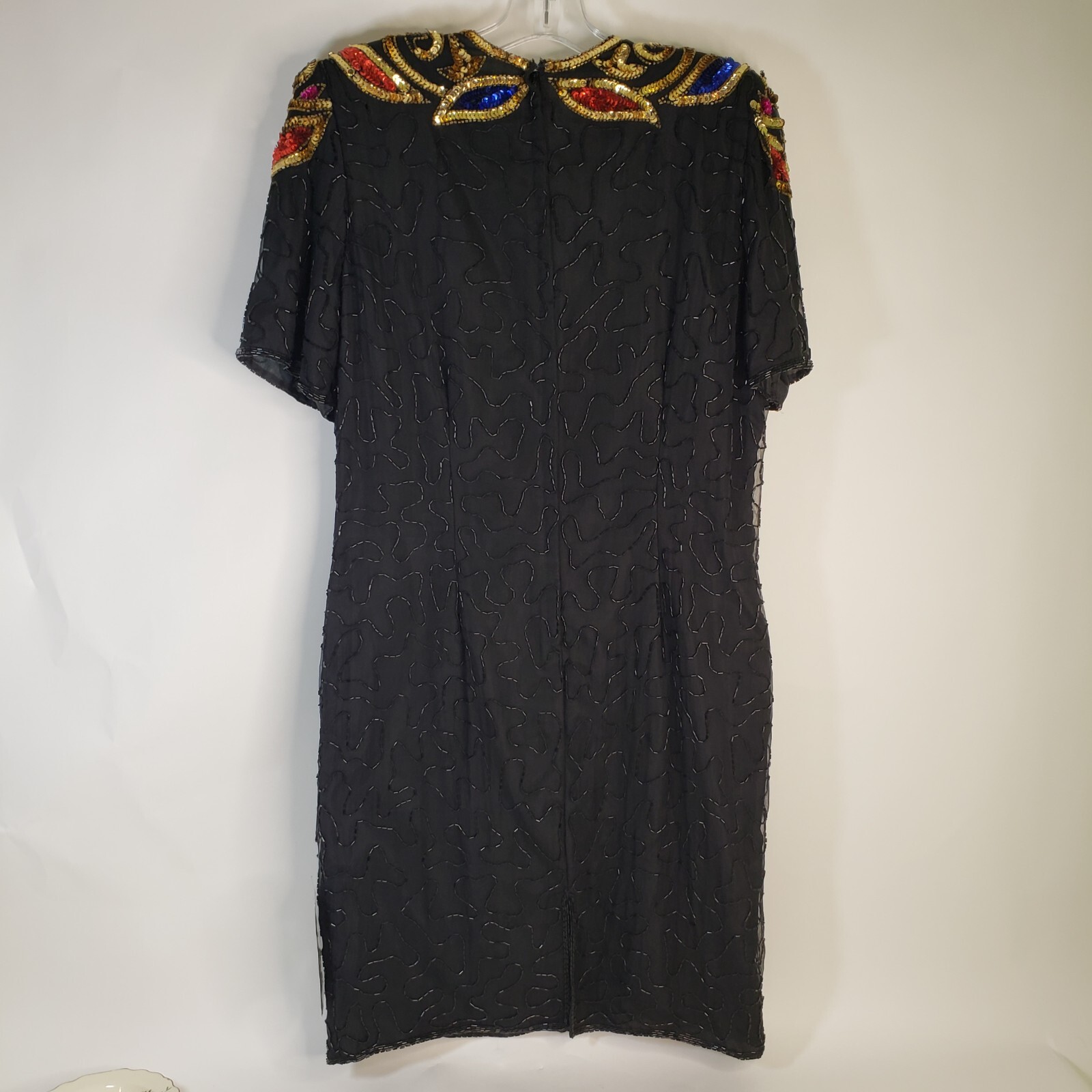 NWT Vintage 90s Stenay Sears Black Sequin Silk Cocktail Dress L Gold Red Pink