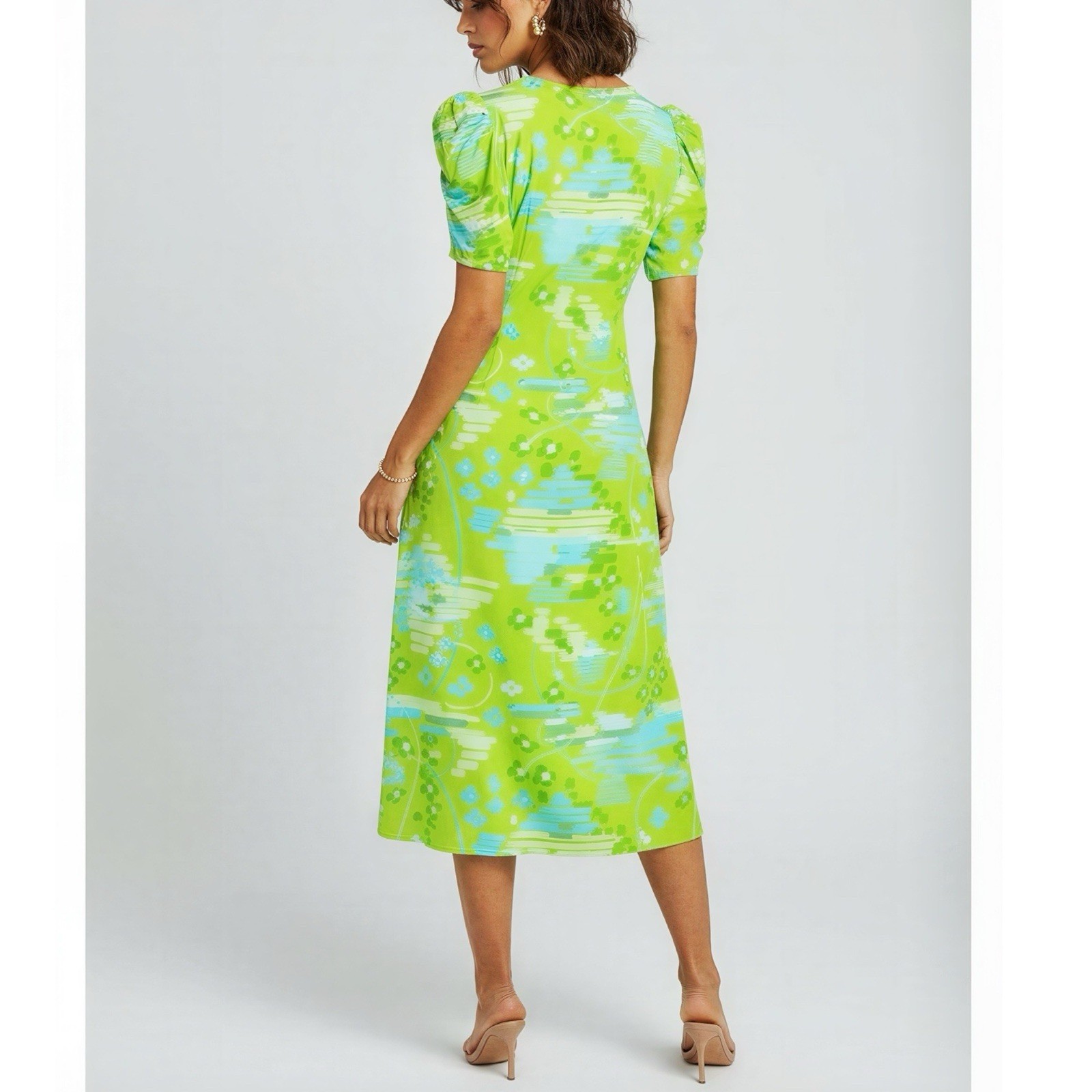 $450 NWT RHODE Maci Geometric Puff Sleeve Midi Dress, Electric Eden, 8 (US)