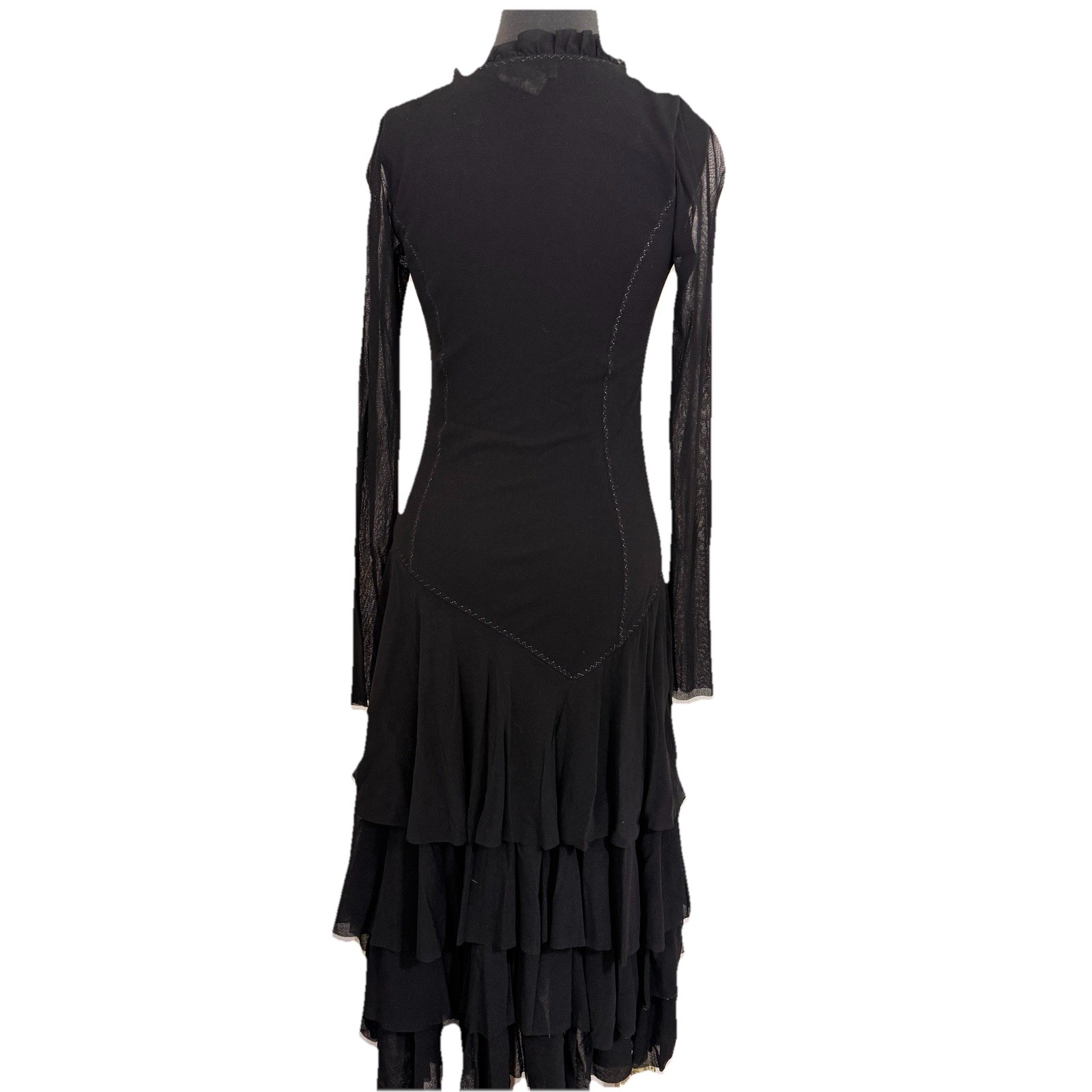 FUZZI Whimsigoth Tiered Dress Sz M Italy Black Mesh Fit Flare Layered Witchy