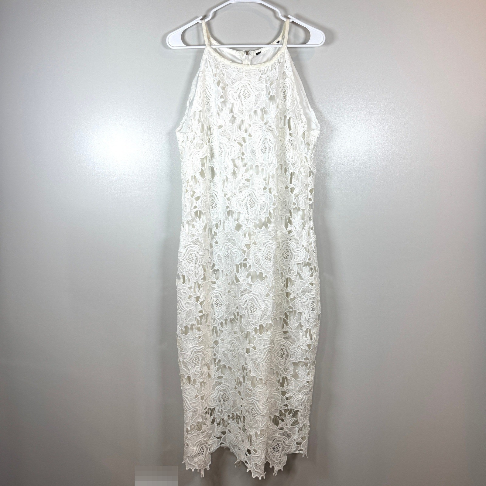 White Floral Guipure Lace Halter Midi Dress Sheath Bridal Whimsical Romantic M