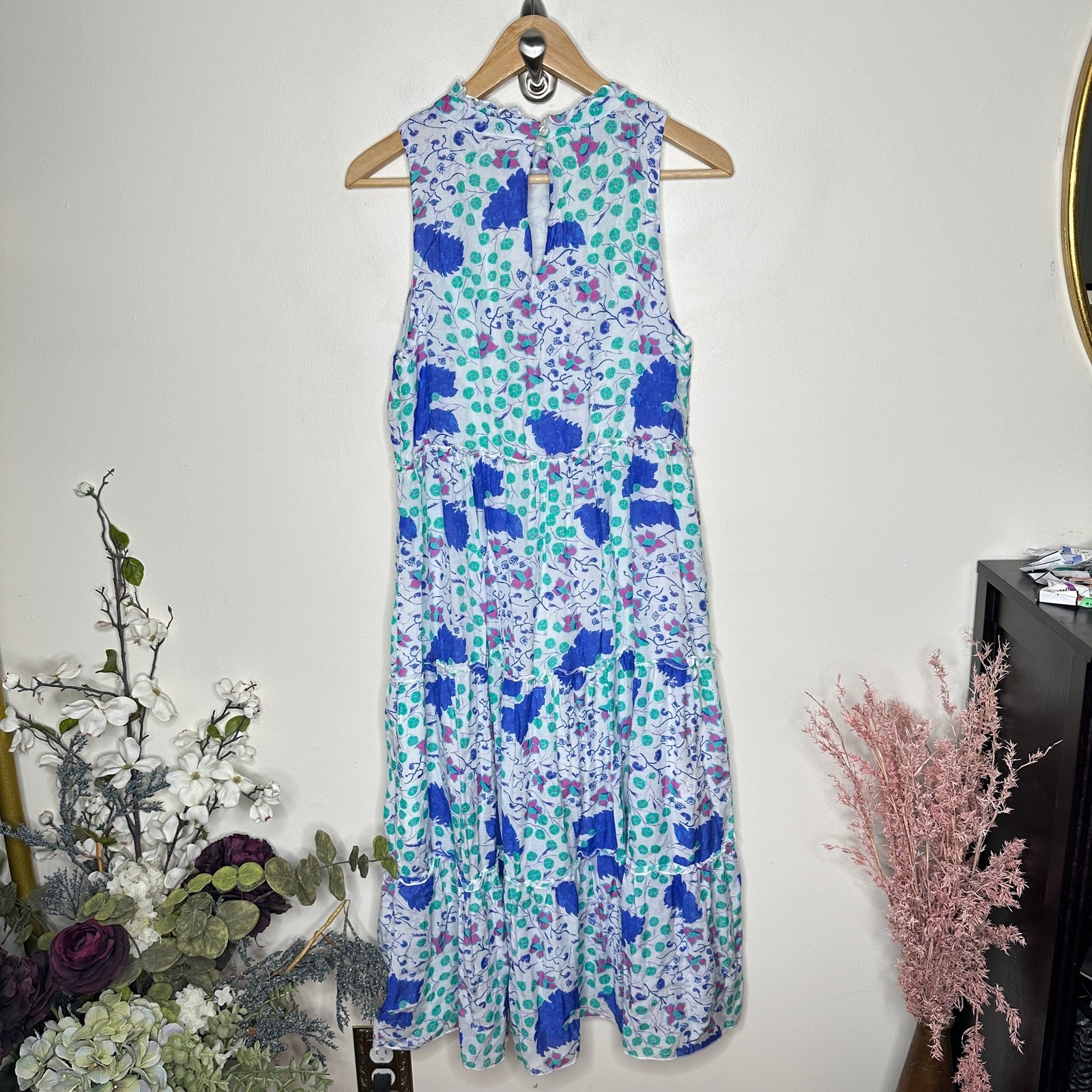 TUCKERNUCK x OLIPHANT Petite Fleur Ruffle Midi Dress Cotton Silk Blue Sz S {HH6}