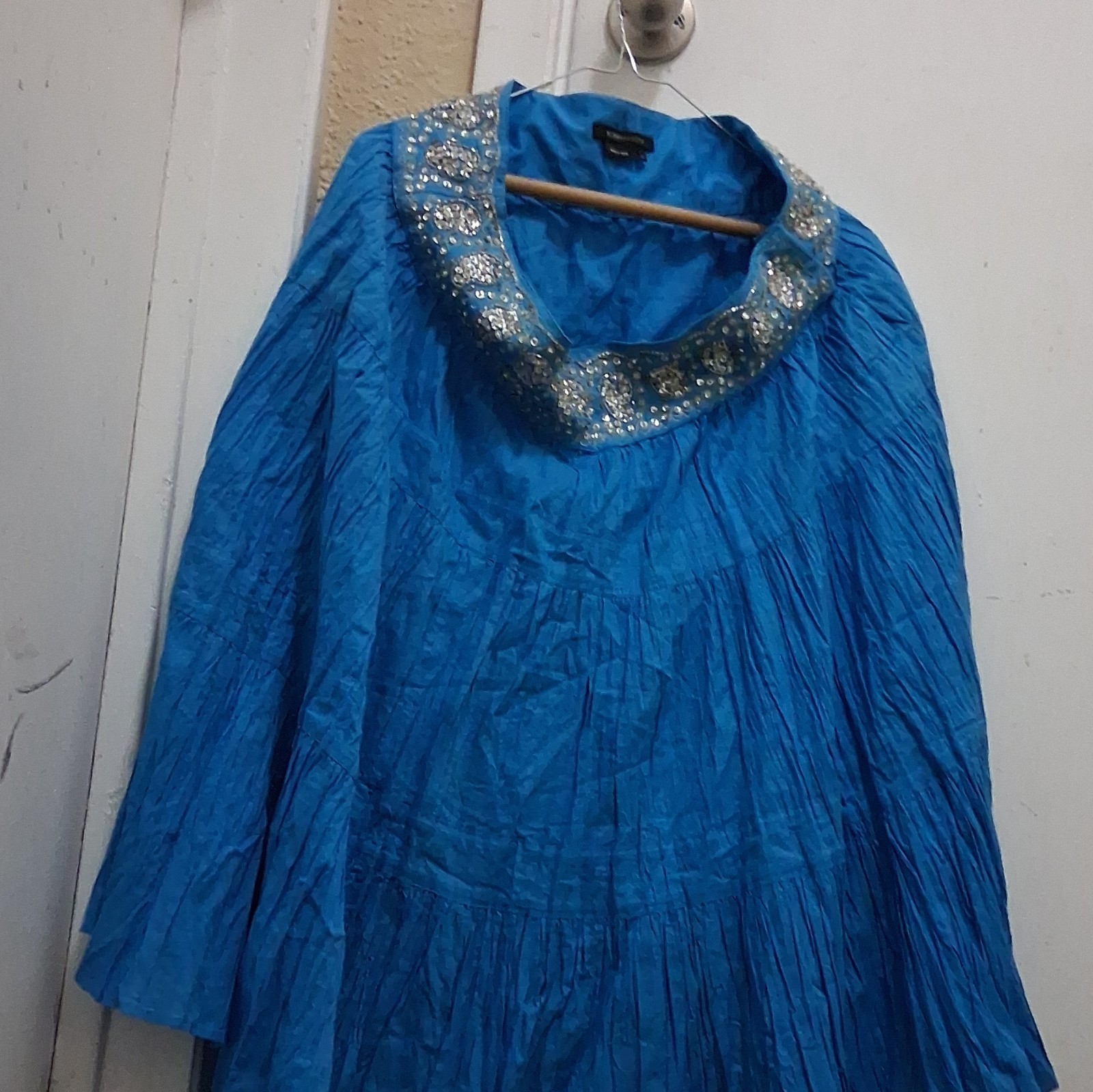 Women’s Blue Silk Chiffon Maxi Dress Long Sleeve Beaded Sequin Scoop Neck