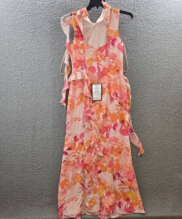 Eliza J Printed Ruffle-Trims Chiffon Dress Women’s 8 Blush Multi Zip/Button