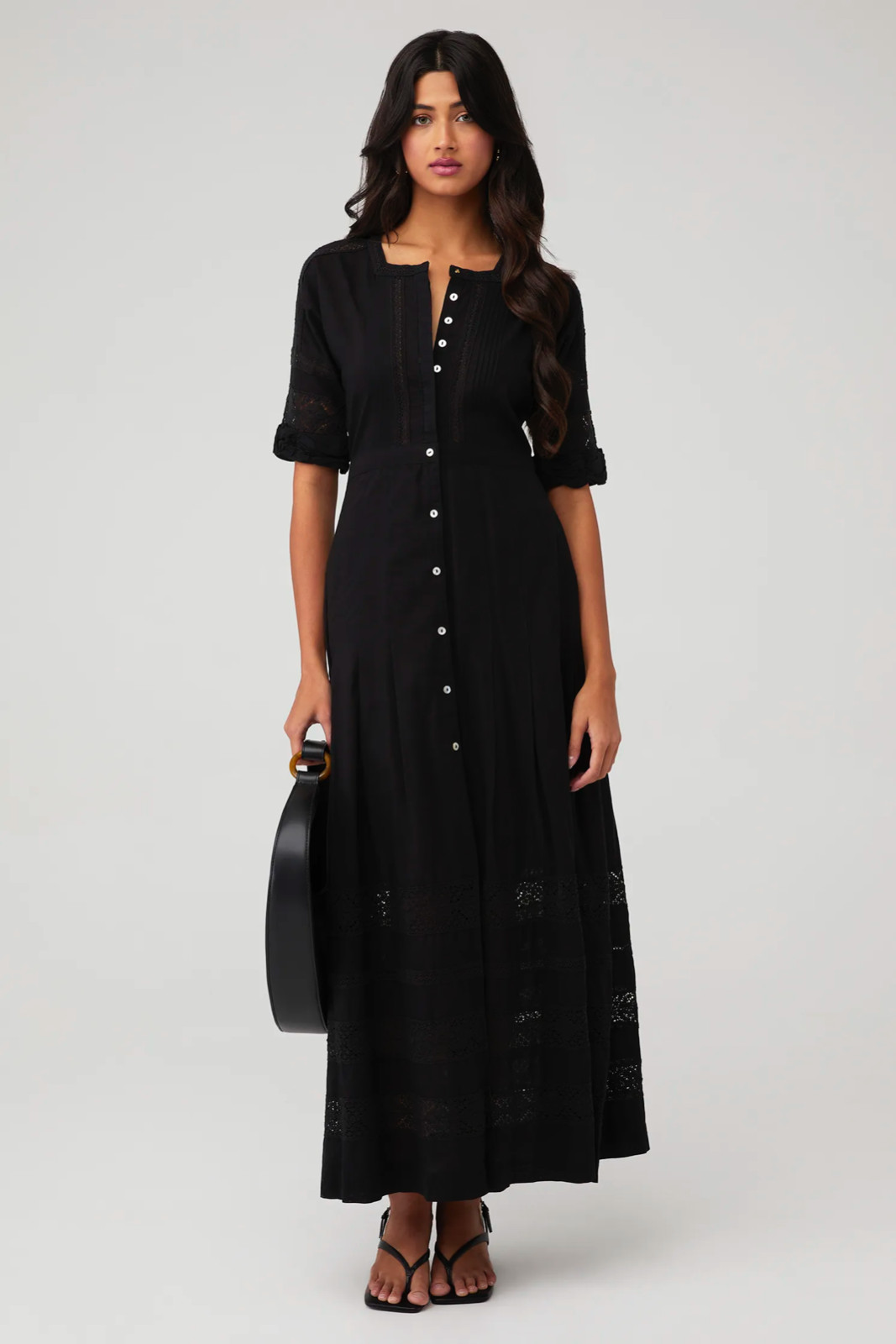 Love Shack Fancy P XS Edie Womens Dress Black Embroidered Lace Cotton Maxi $325