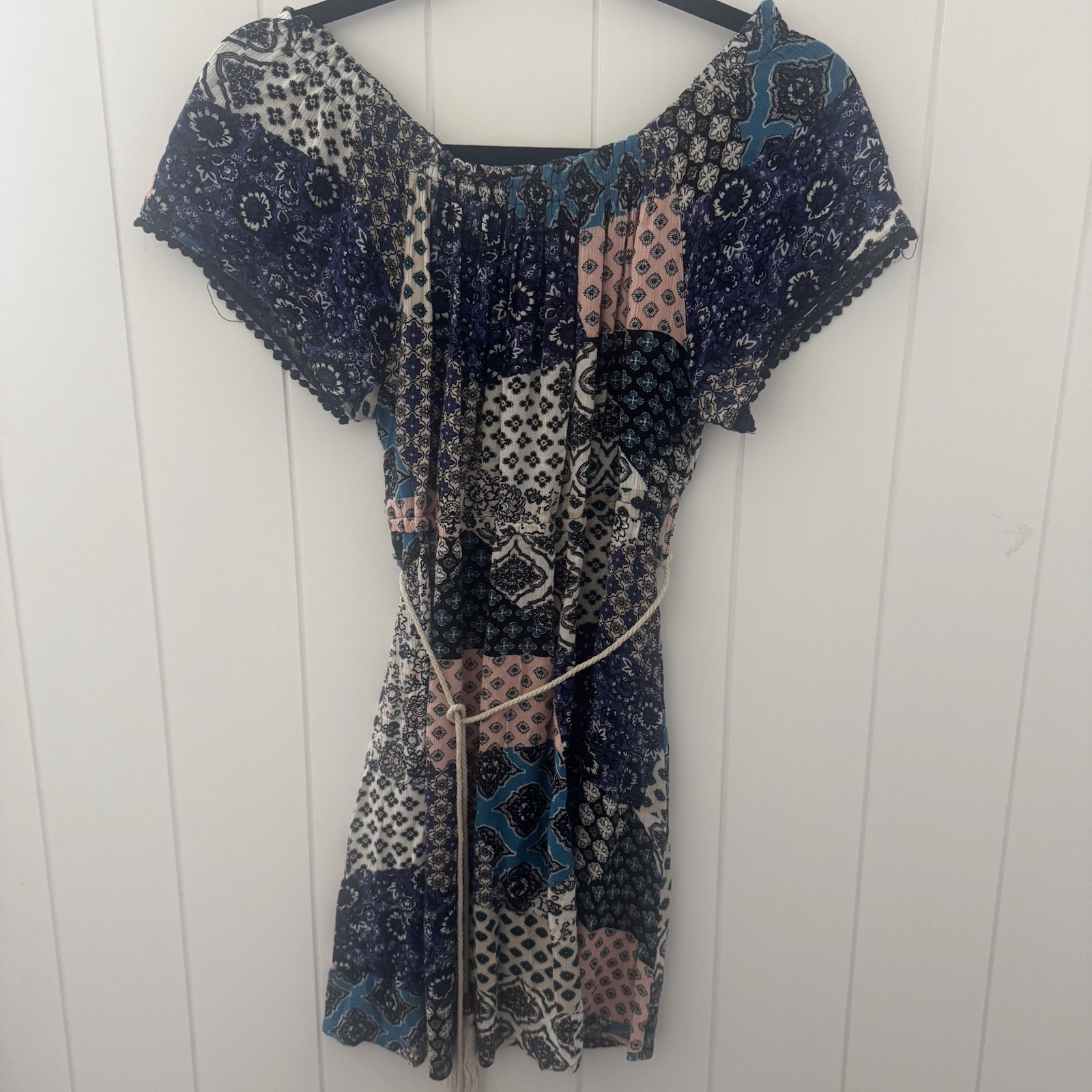 Lavish Women’s Boho Peasant Dress M Blue Pink Patchwork Tassel Tie Belt