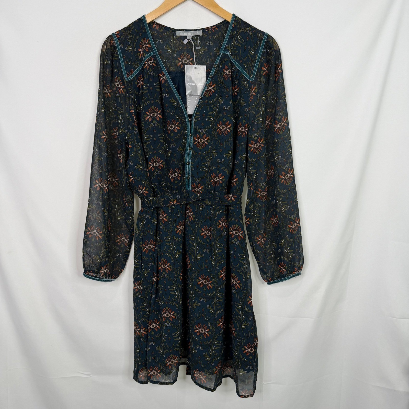 Daniel Rainn Floral Long Sleeve Mini Dress Velvet Trim Teal Size SP NEW