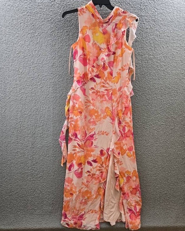 Eliza J Printed Ruffle-Trims Chiffon Dress Women’s 8 Blush Multi Zip/Button