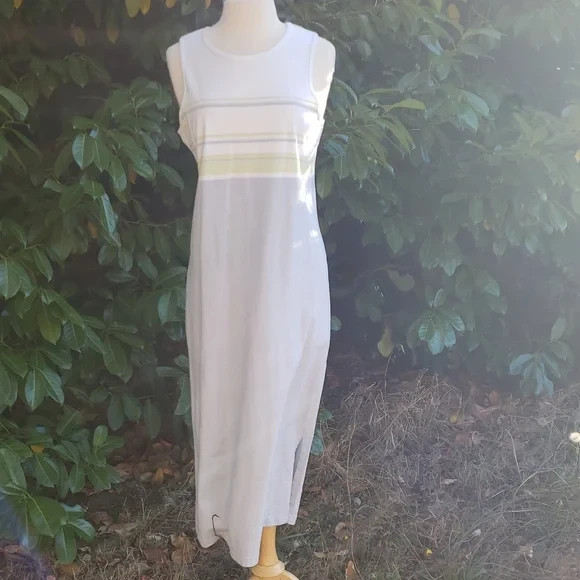 Made In Israel Vintage White Green Blue Tank Maxi Dress 100% Cotton Large