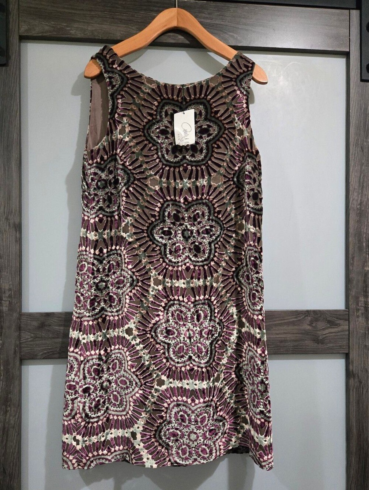 Amy Matto Velvet Burnout Shift Dress Size 4 NWT Purple Sheer Overlay silk blend