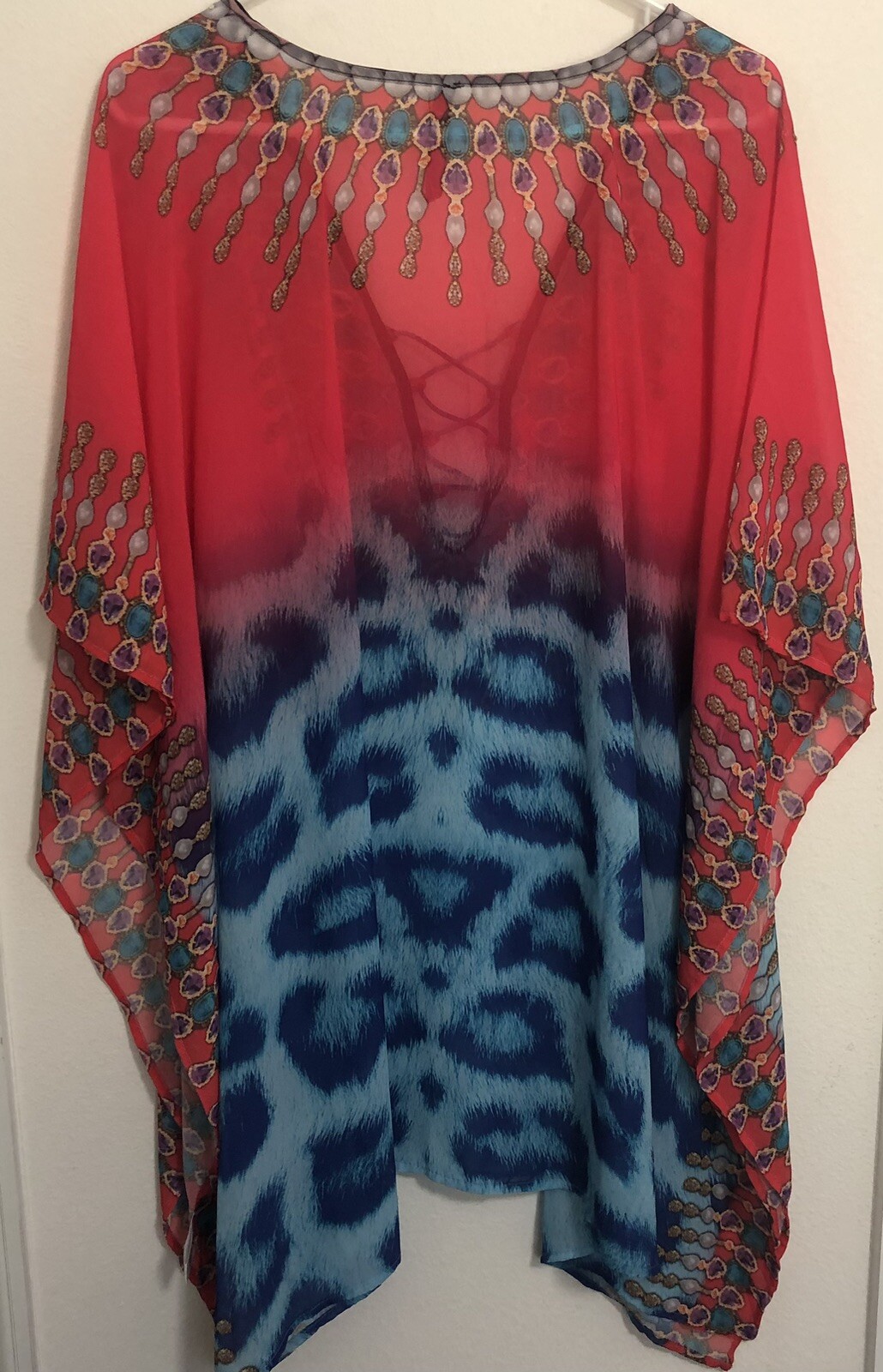 White Mark Womens Animal Print Poncho Top Kimono Caftan With Tie-Up Neckline OS