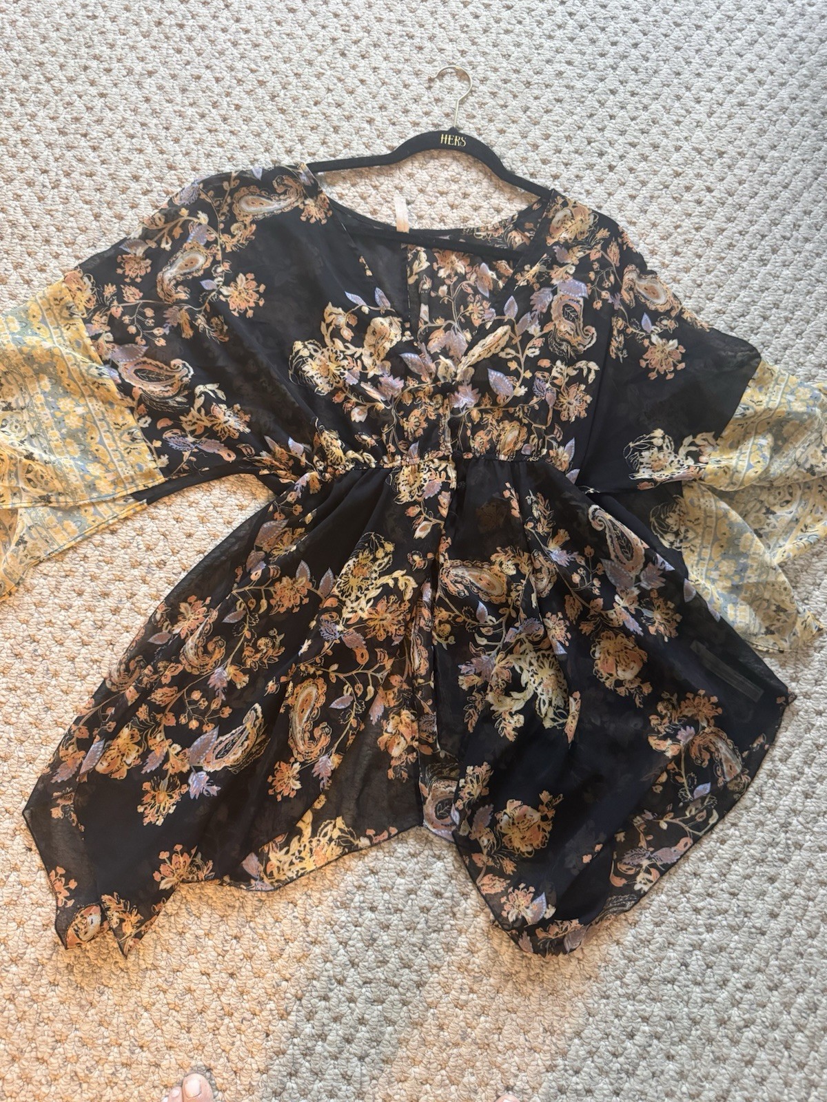 Free People Dream State Set Black Combo Yellow Floral Boho Smocked S NWOT $148