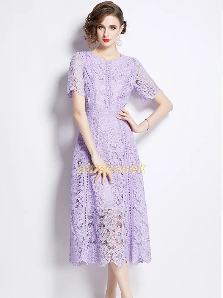 Lace Hollow Out Prom Dress Women’s Summer Short Sleeve Long Dress Clothing