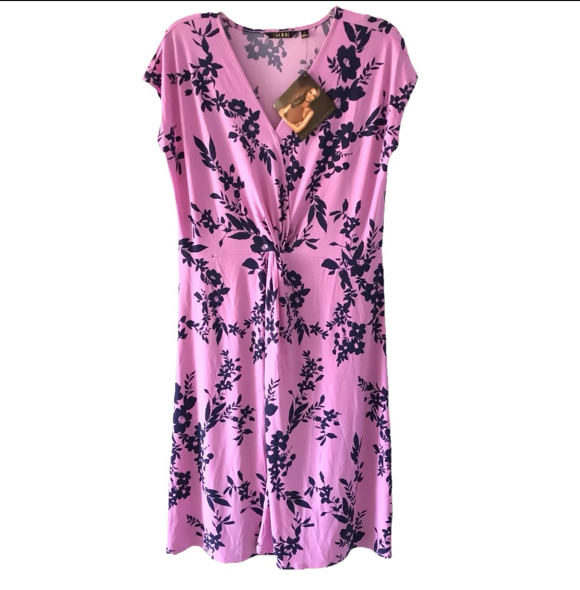 NEW IMAN Global Chic Twist-Front Midi Dress Pink Purple Floral Womens Size L