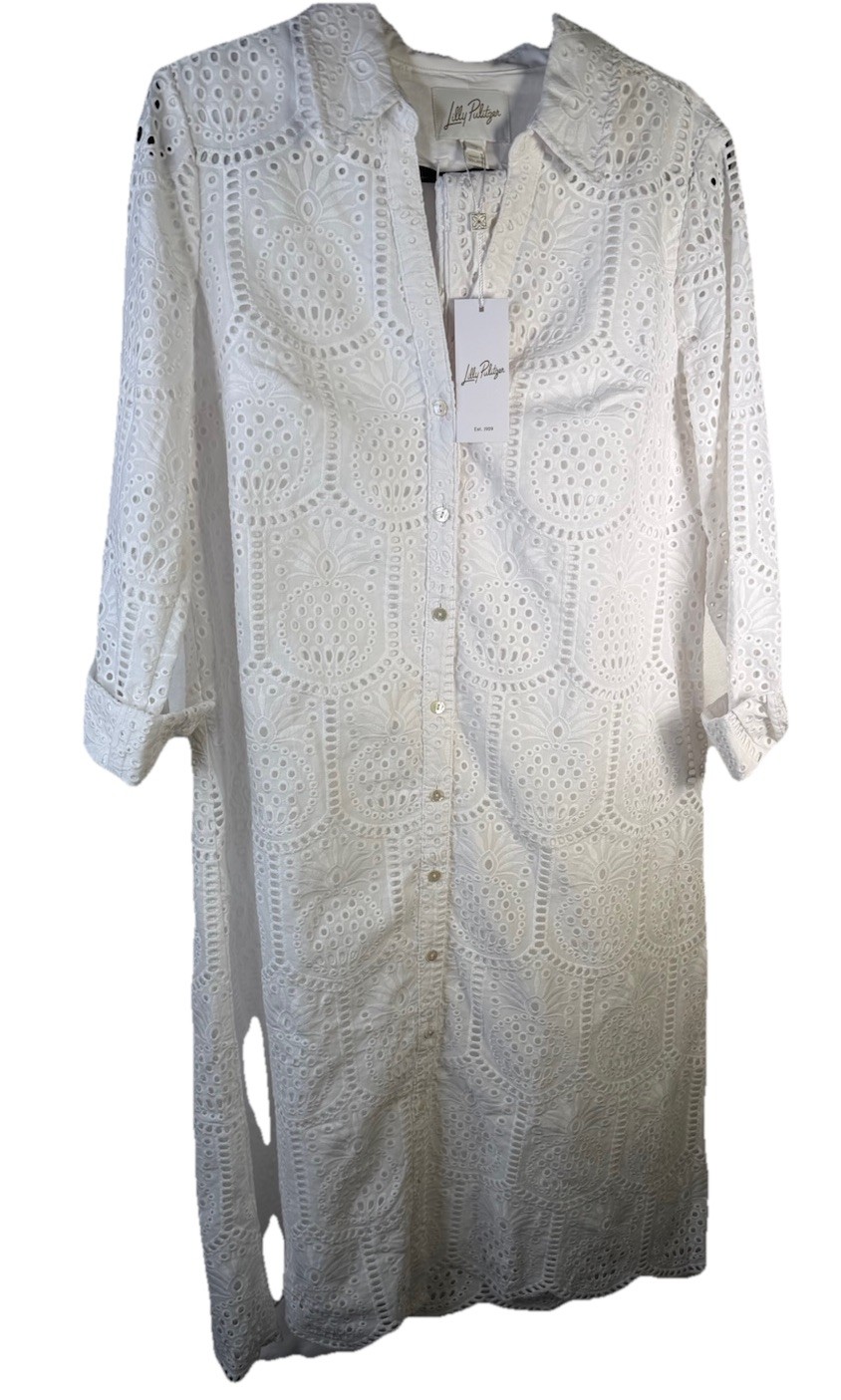 Lilly Pulitzer Eira White Muse Pineapple Tile Eyelet Midi Shirt Dress Sz 10 NWT