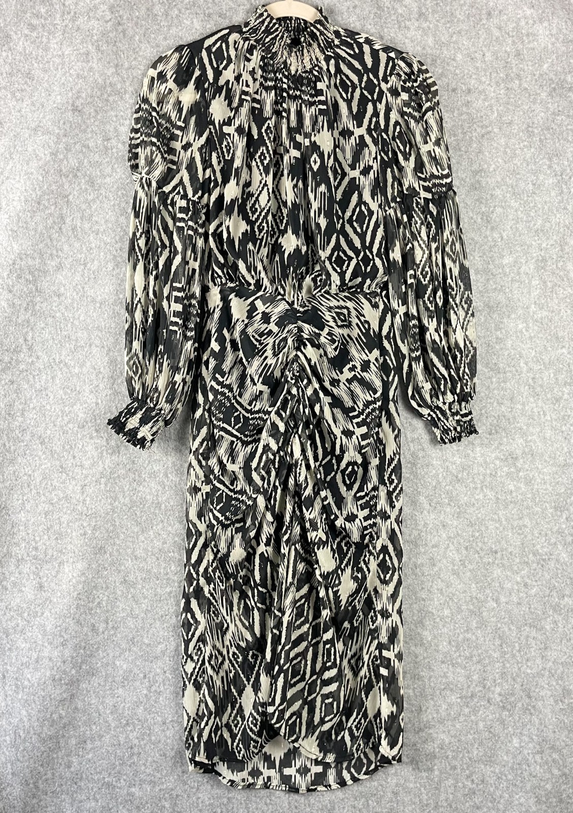 Opullence Paris Dress Womens Medium Printed Balloon Sleeve Ruched Sheer Cocktail