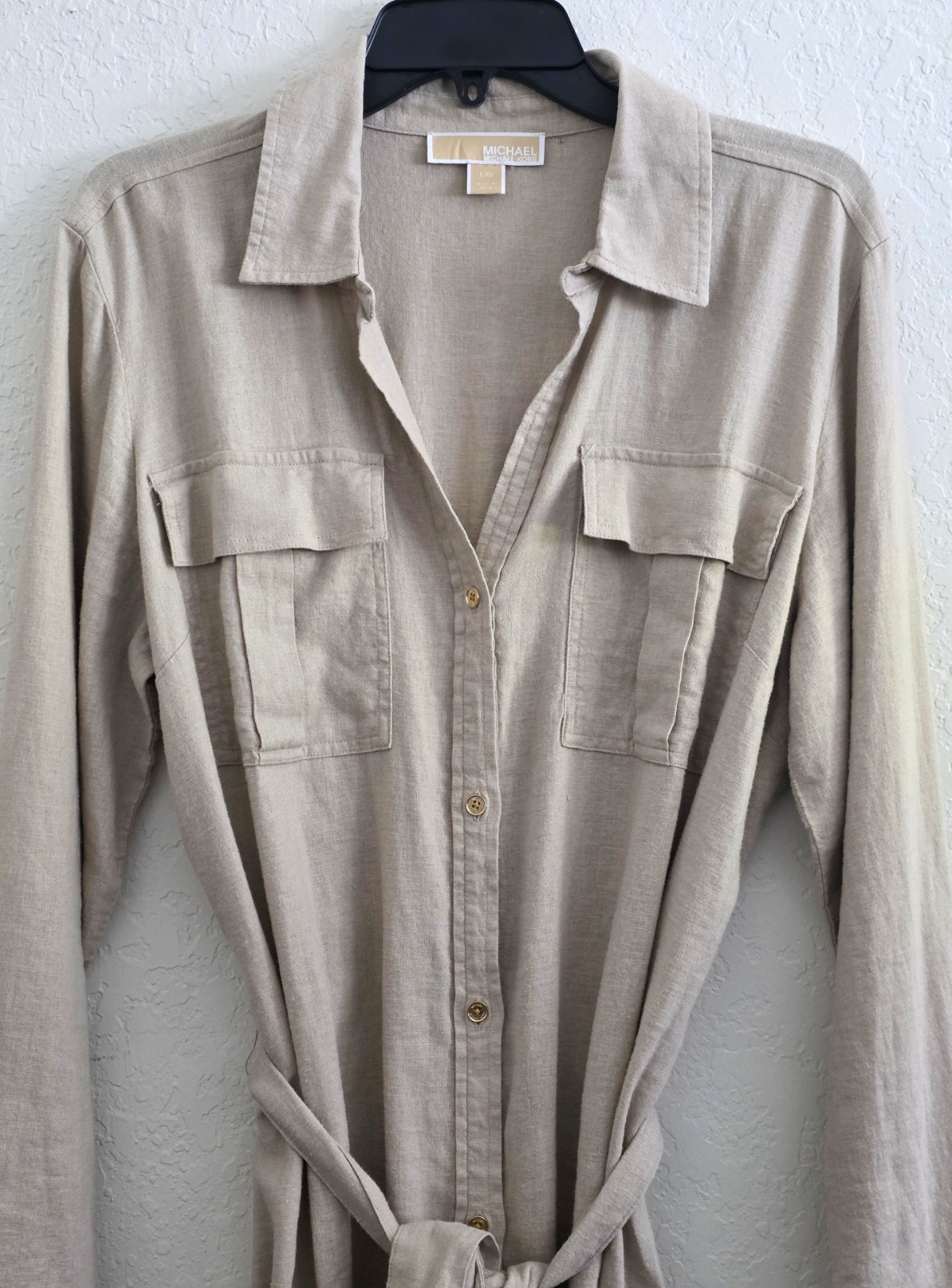 Michael Kors Linen Blend Shirt Dress Large Beige Belted Button Front NWOT