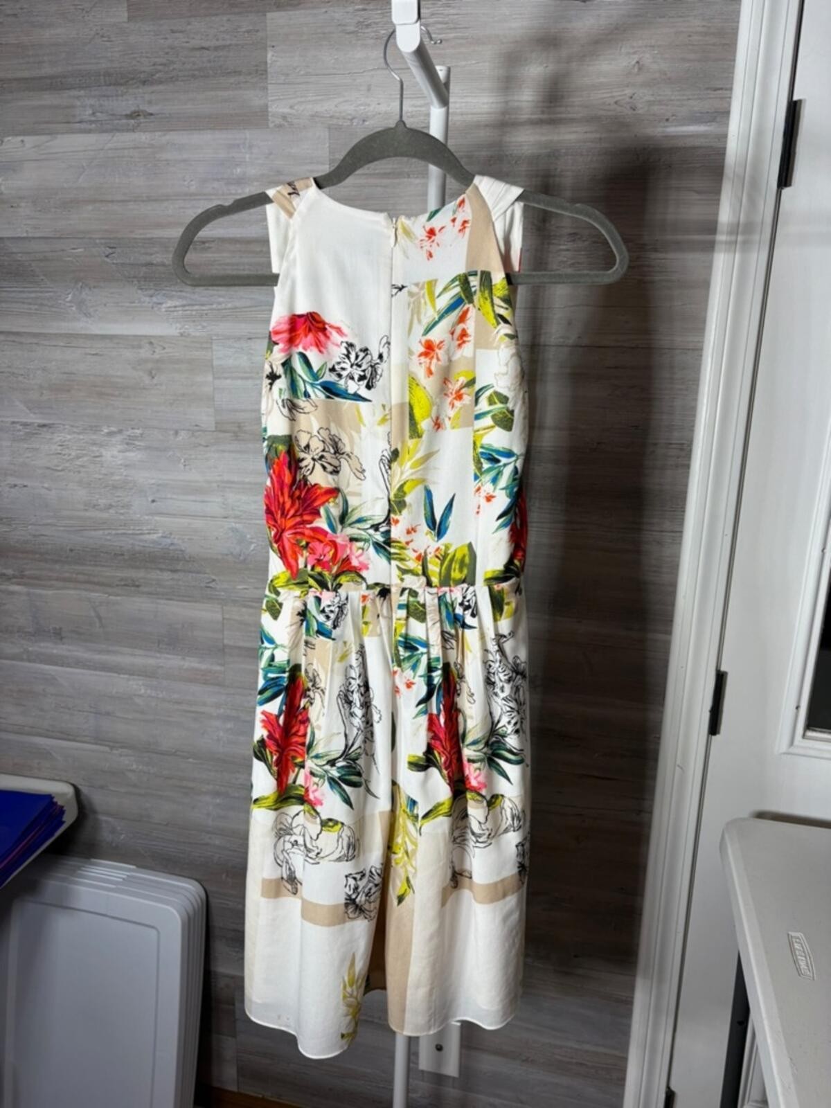 White House Black Market Floral Wrap Midi Dress with Red & Green Accents 1434