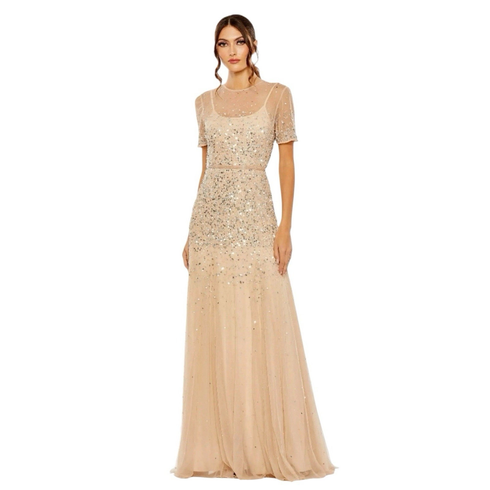 Mac Duggal 93909 Nude Silver Sequin Gown Sheer High Neck Short Sleeve Size 10