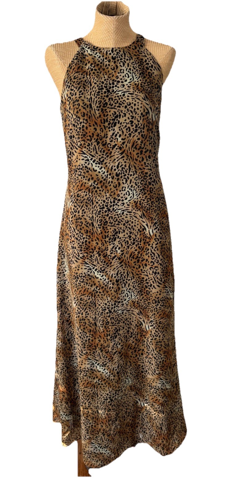 VTG 80s 90s Leopard Cheetah Animal Print Maxi Dress Flowy Criss Cross Back Sz 10