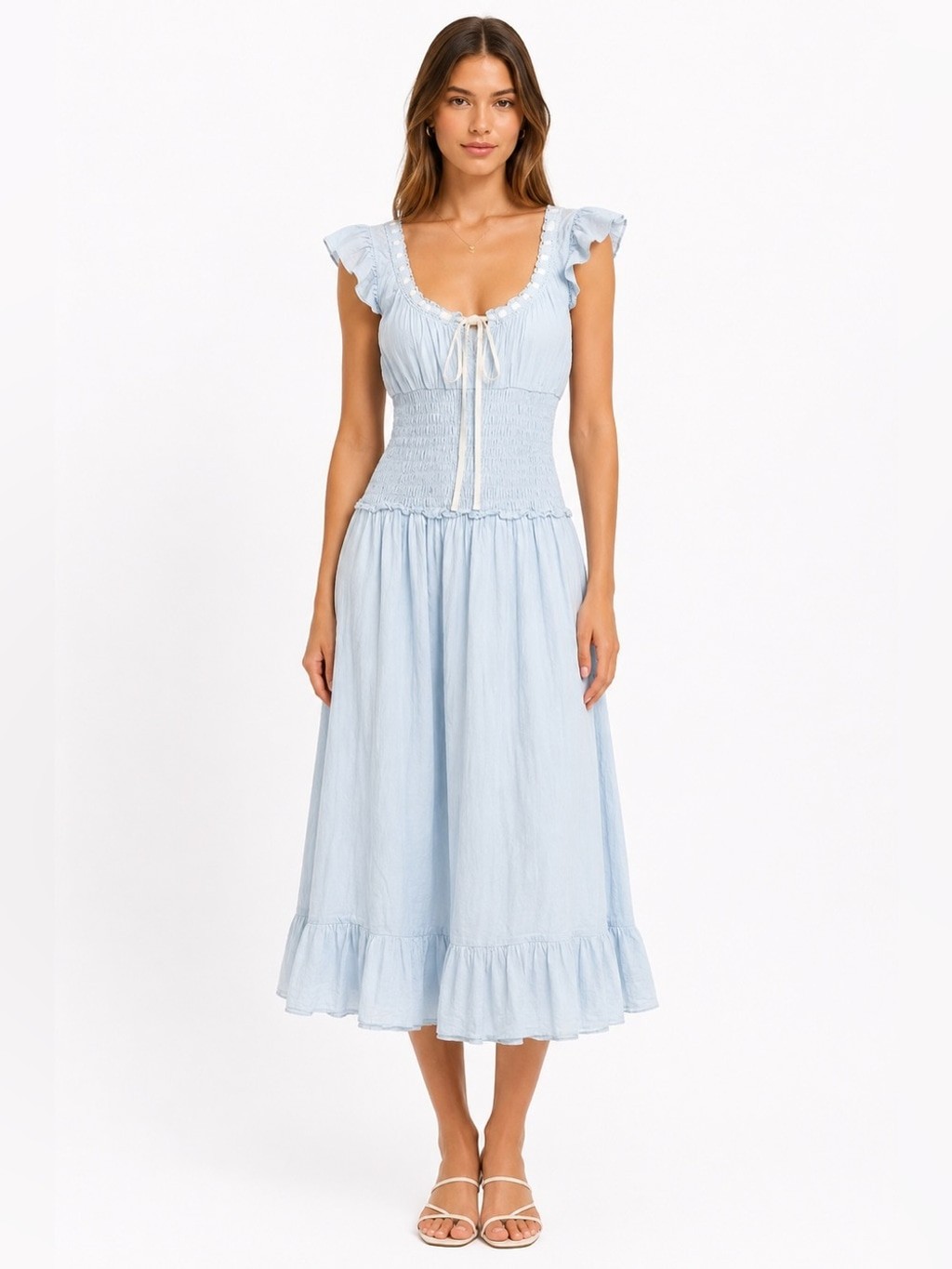 Kimchi Blue Light Blue Cotton Smocked Midi Dress Ruffle Hem Cottagecore