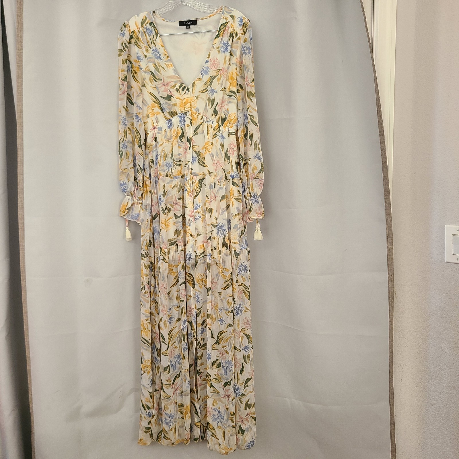 Aakaa Sz S Multicolor Floral Boho Lightweight Flowy Semi Sheer Lined Maxi Dress