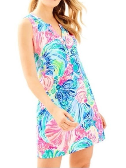 Lilly Pulitzer Beach Please Blue Pink Print Essie Sleeveless Shift Dress M EUC
