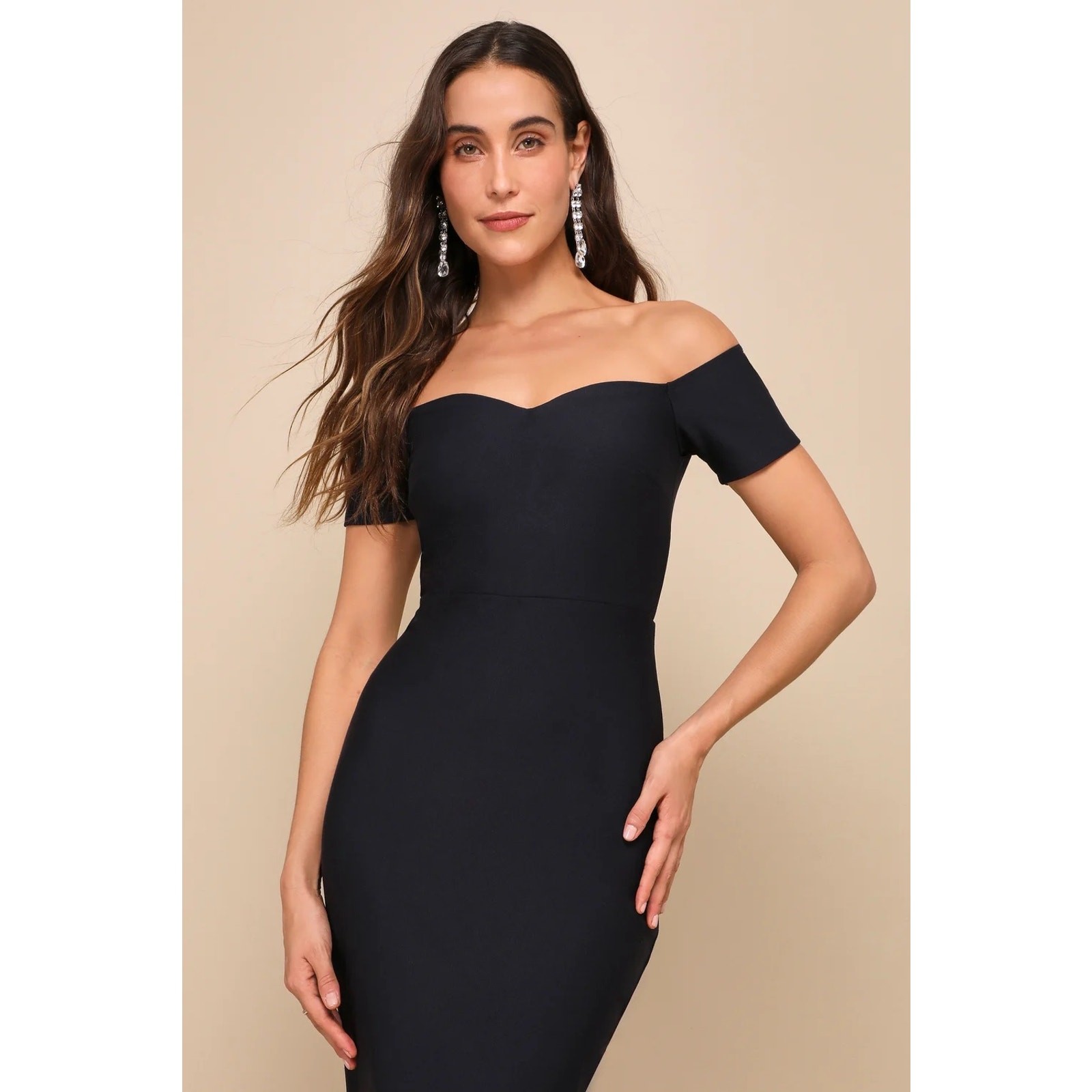 Lulus How Much I Care Black Off Shoulder Midi Dress Prom Party Holiday Medium