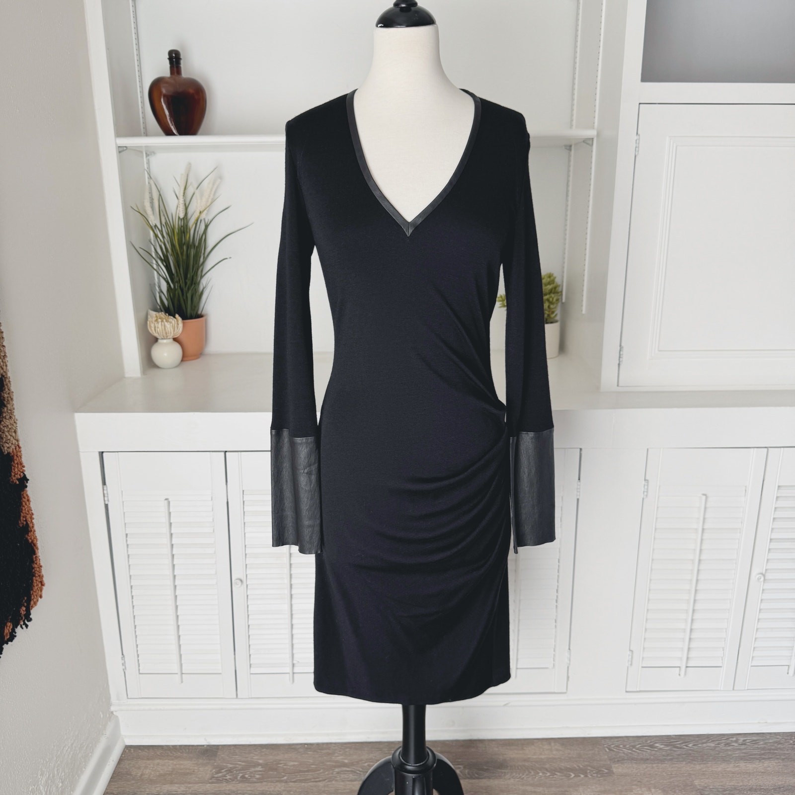 Joseph Black Wool Leather Sleeve Ruched V-Neck Muriel Midi Dress Size 10