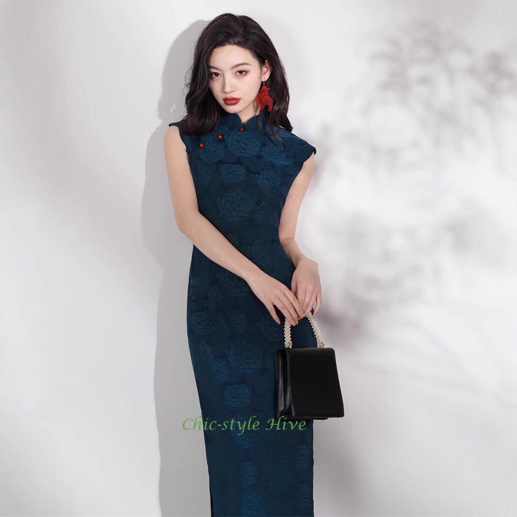Summer Blue Jacquard Cheongsam Retro Long Style Young Slim Fit Qipao Dress