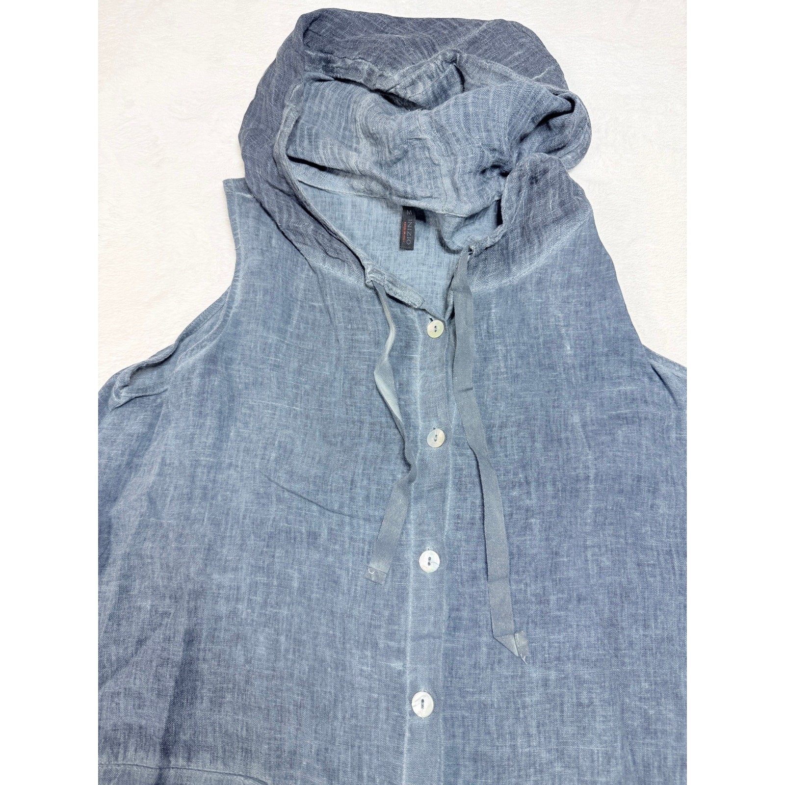 Inizio 100% Natural Linen Dress Medium M Blue Slate Hooded Button Front Maxi