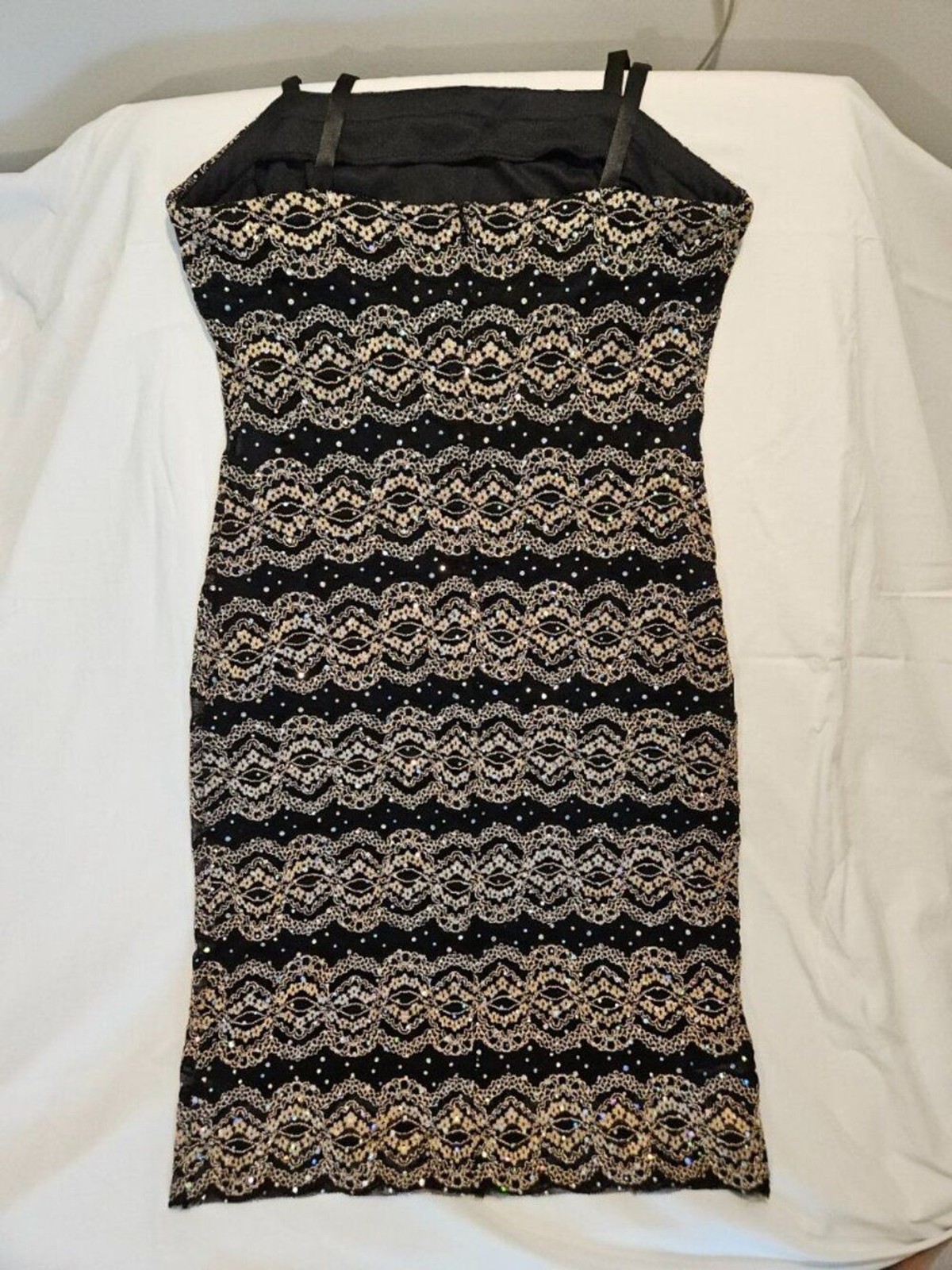 R&M Richards Metallic Gold Lace Rhinestone Cocktail Dress – 12