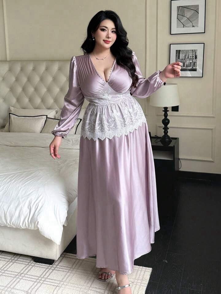 NEW Shiny 2nd Skin Satin Maxi Long Sleeve Twirly Cinched Waist Dress PLUS 3XL