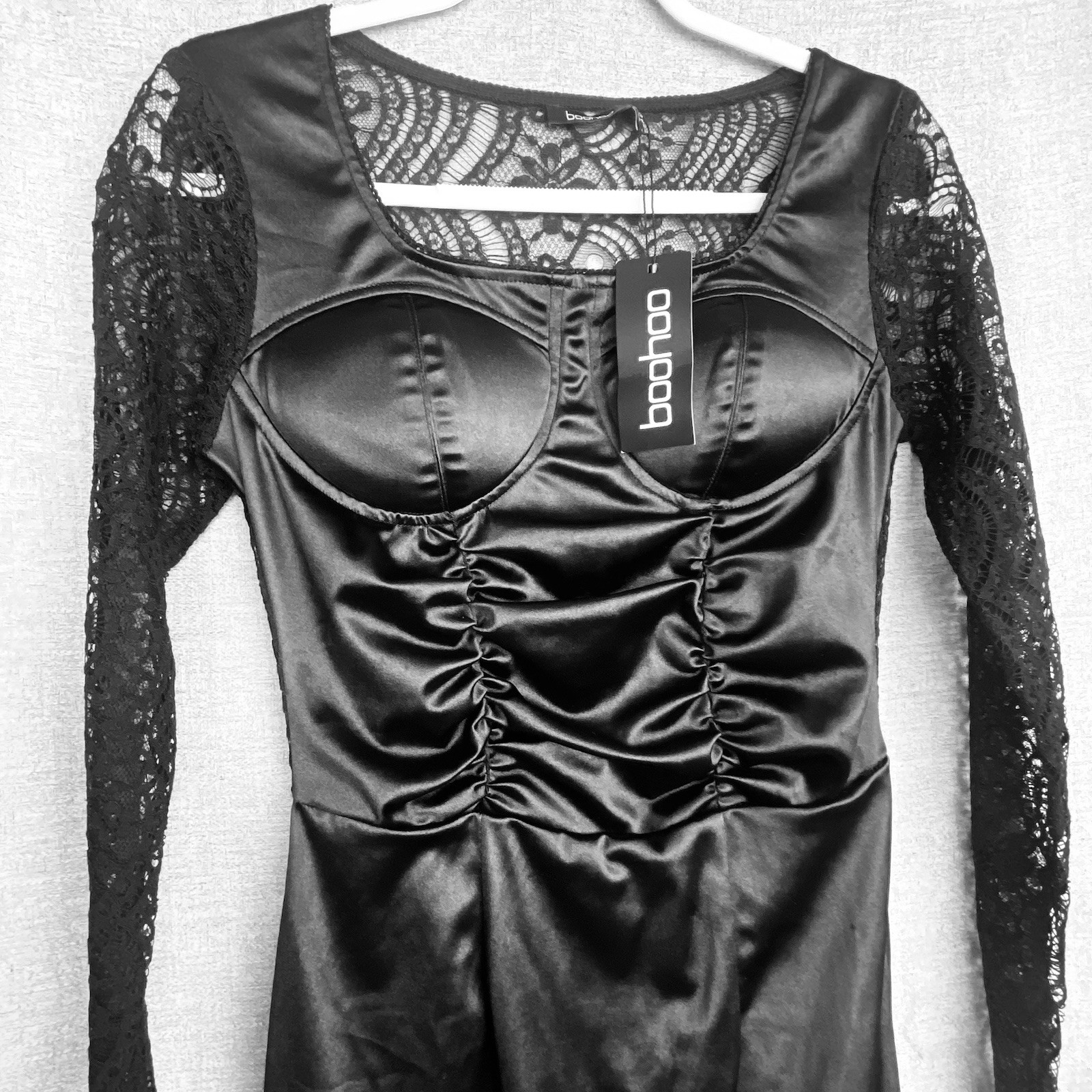 Black Gothic Satin Lace Midi Dress 8 Corset Bustier Long Sleeve Halloween Witch