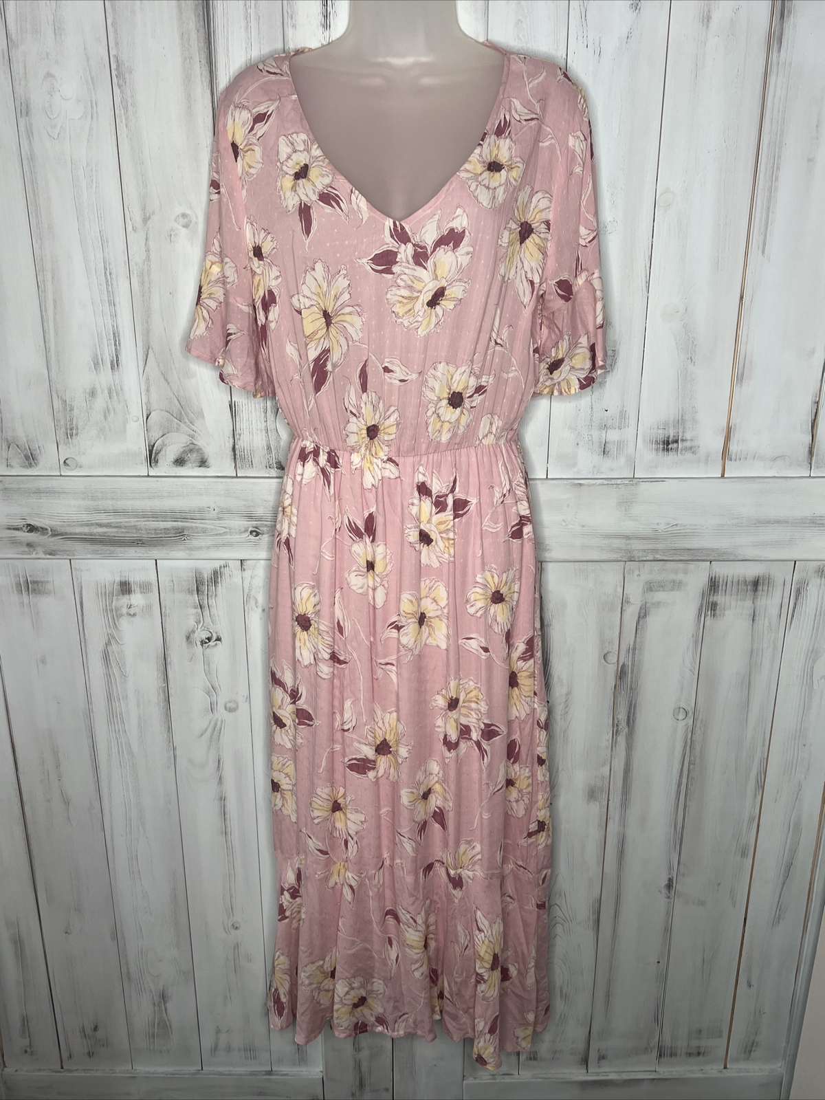 ALL IN FAVOR LIGHT PINK FLORAL HI LO RUFFLE ELASTIC WAIST AIRY BOHO MAXI DRESS M