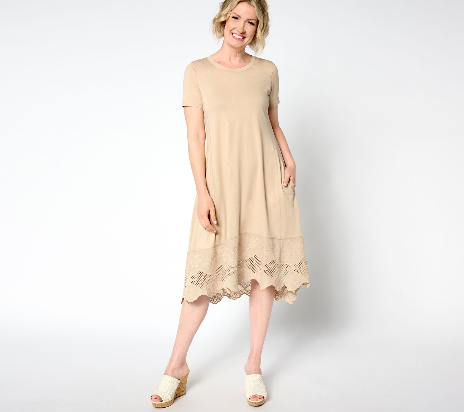 LOGO by Lori Goldstein Regular Knit Dress with Lace Hem Sandcastle XS New