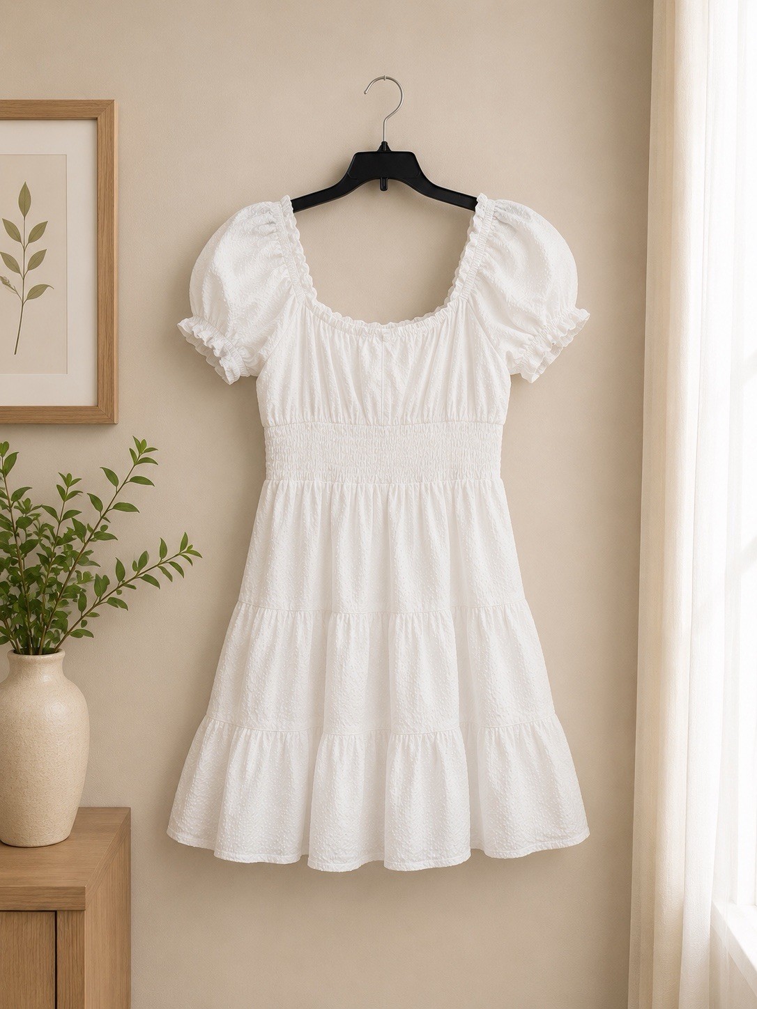 MinkPink White Cotton Puff Sleeve Smocked Babydoll Mini Dress Women’s S