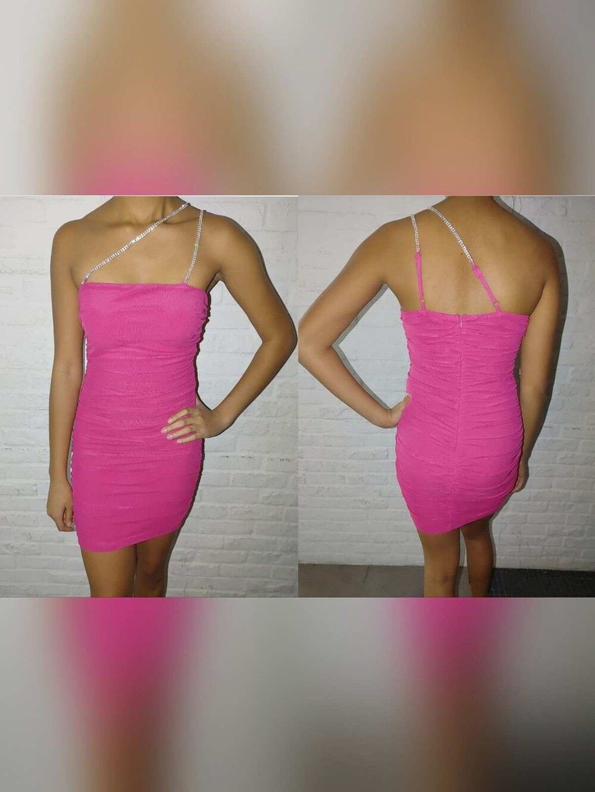 Hot Pink Ruched Bodycon Mini Dress with Rhinestone Straps