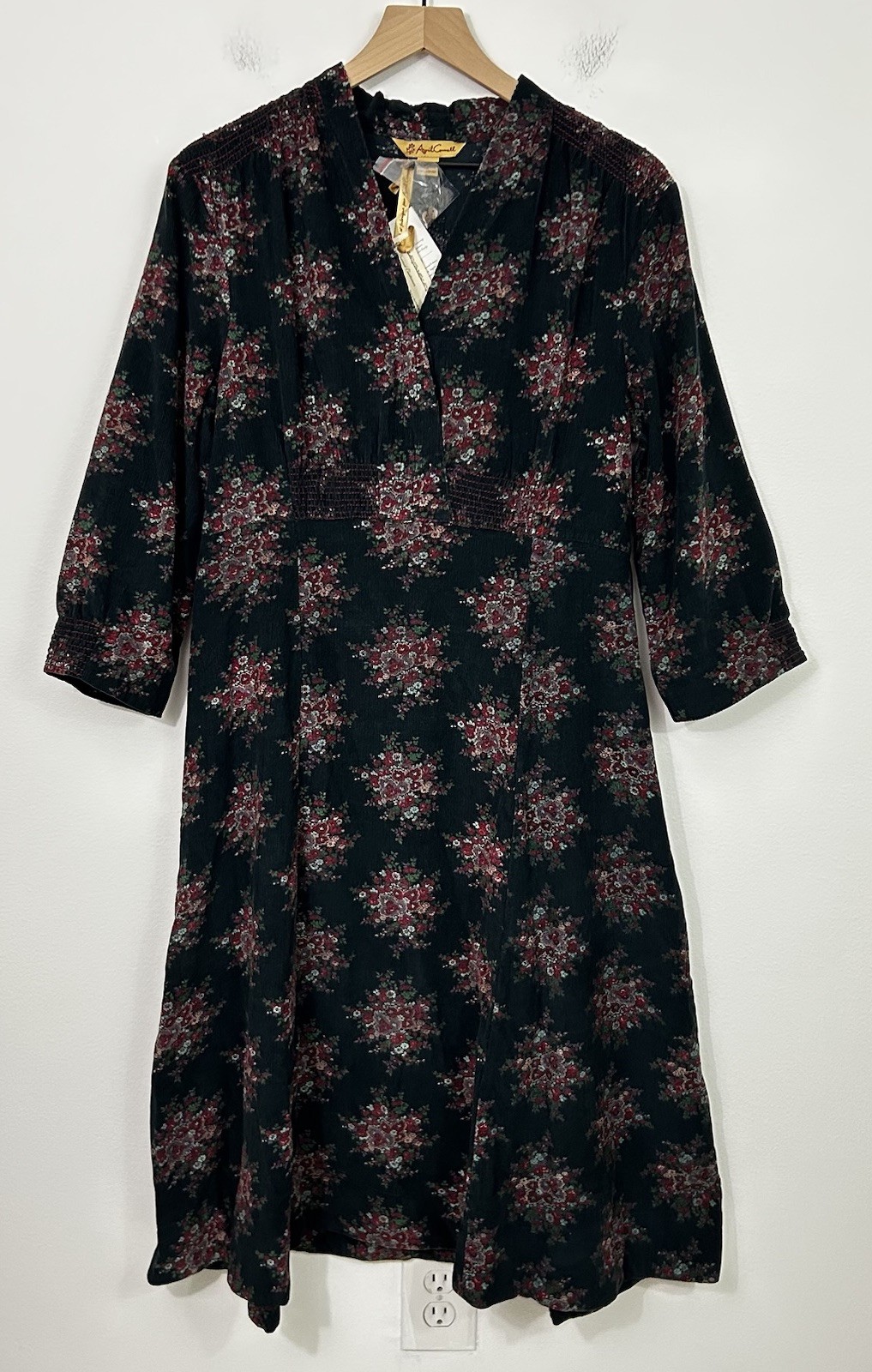 NWT Vintage April Cornell Dress Thin Corduroy Navy Floral Shirred Midi FLAW