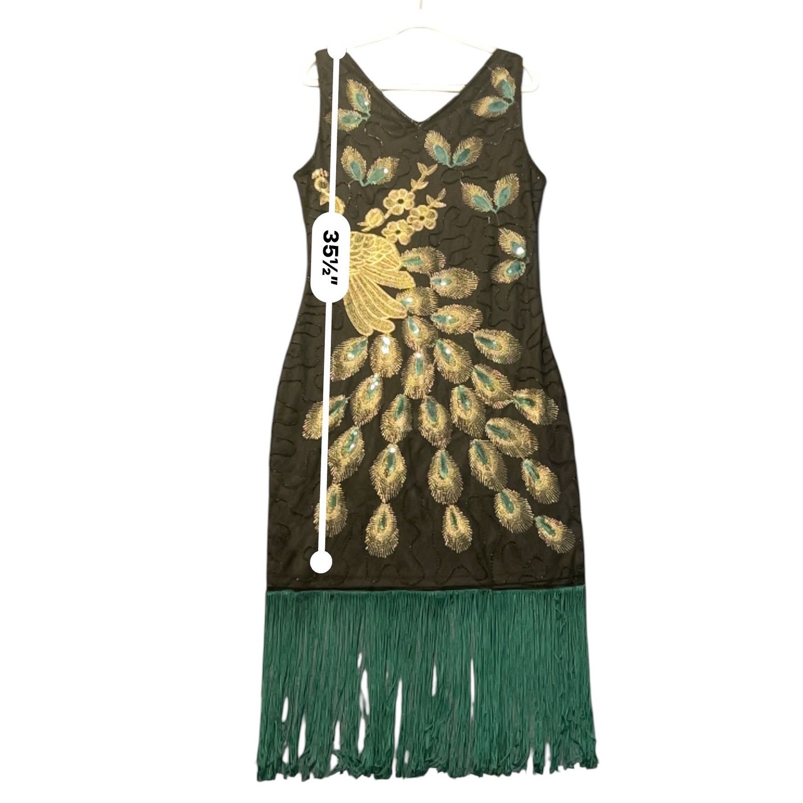 Vintage Style Peacock Beaded Flapper Dress Green Fringe Gatsby Party Costume