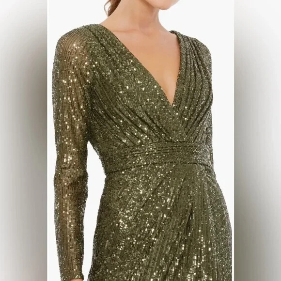 Ieena Mac Duggal Olive Green Long Sleeve Sequin Faux Wrap Side Slit Gown 10 $398