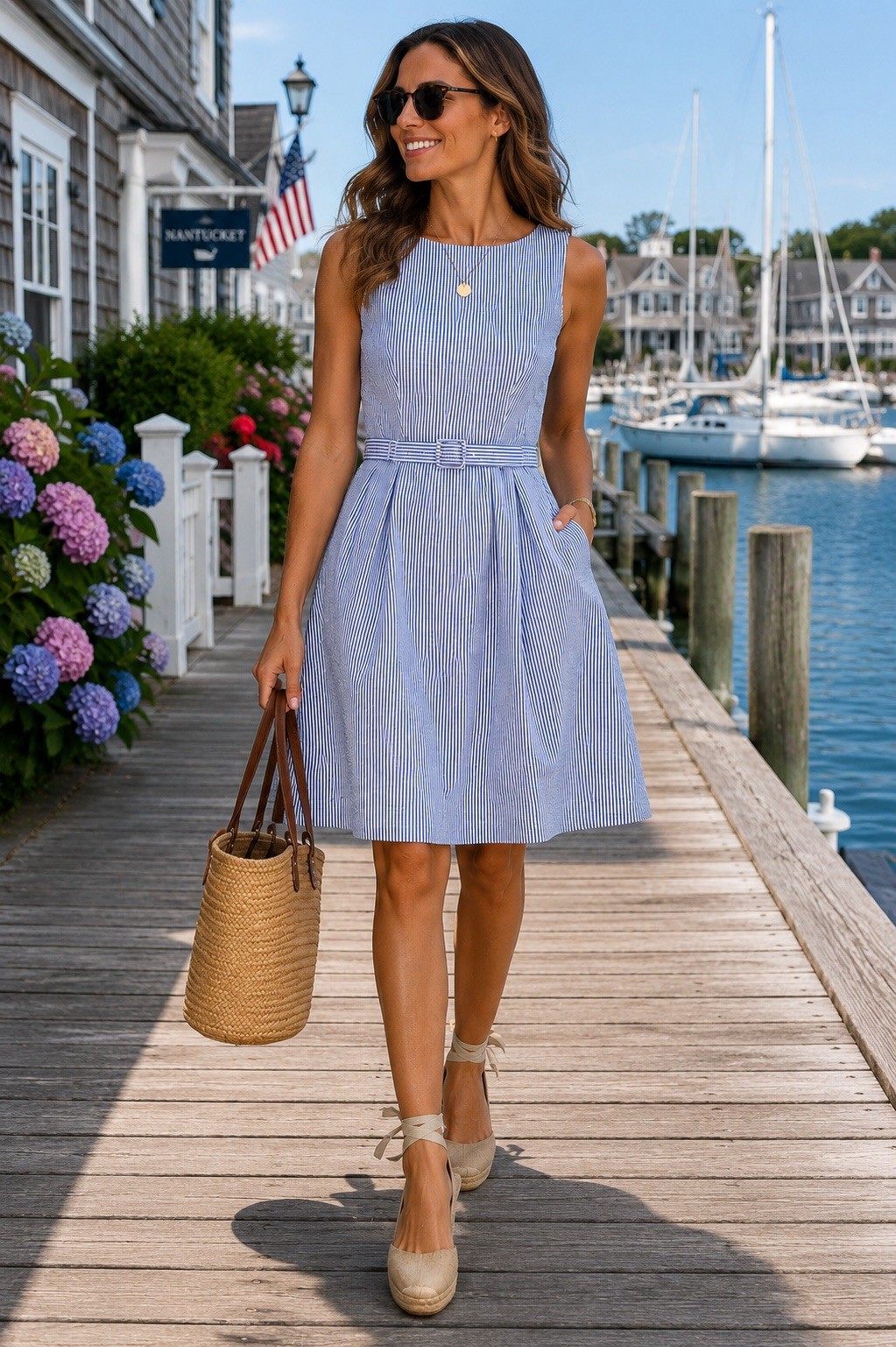 L.L. Bean Signature Blue White Seersucker Dress 10 Belted 100% Cotton Pockets