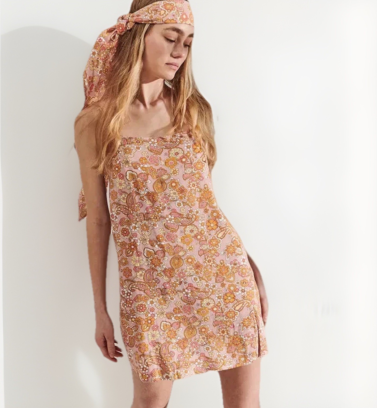 GHANDA Janie Peach Brady Paisley Floral Linen Apron Mini Dress RRP$49 Size Small