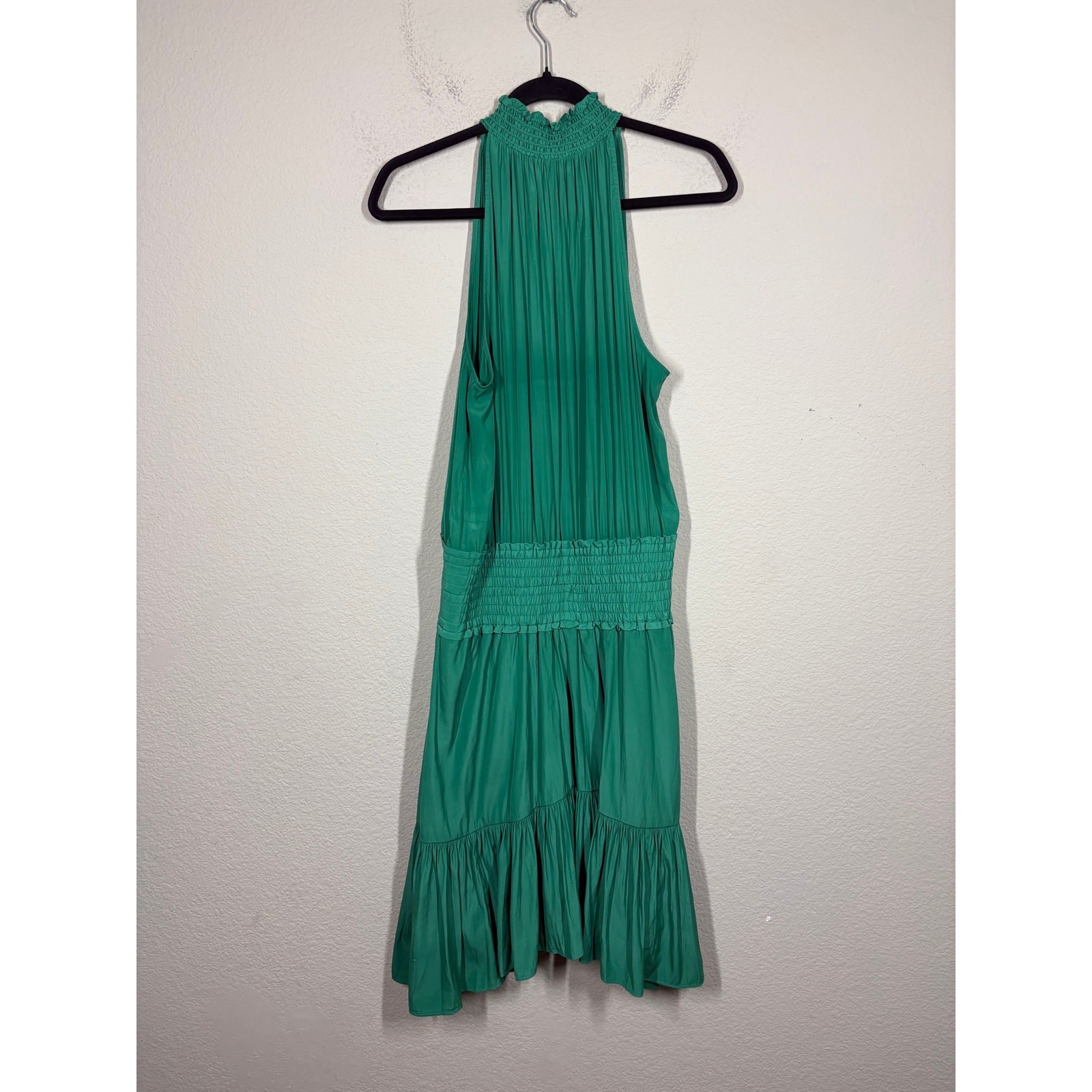 A.L.C. Size 8 Cody Smocked Shift Dress Green Halter Tiered Sleeveless Maximalist