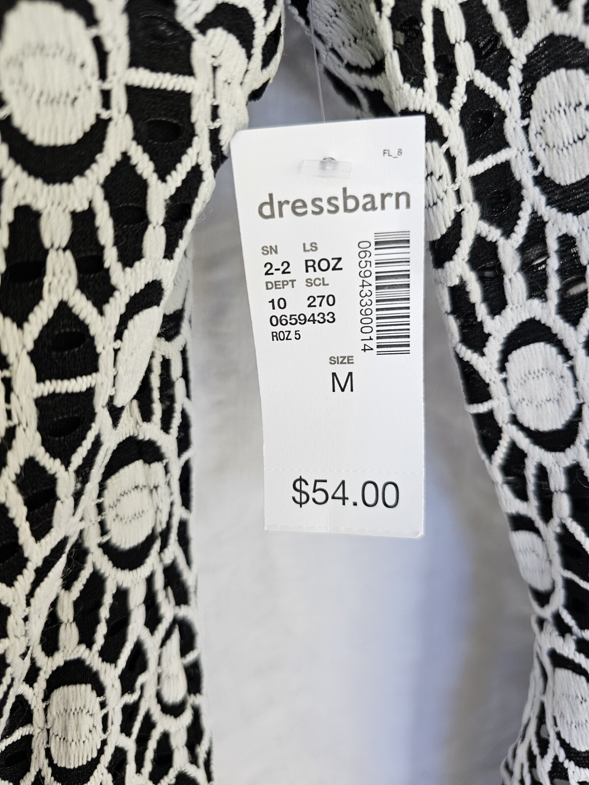 Roz Ali Dress Womens Size Medium Black White Overlay Shift Bell Sleeves LS NWT